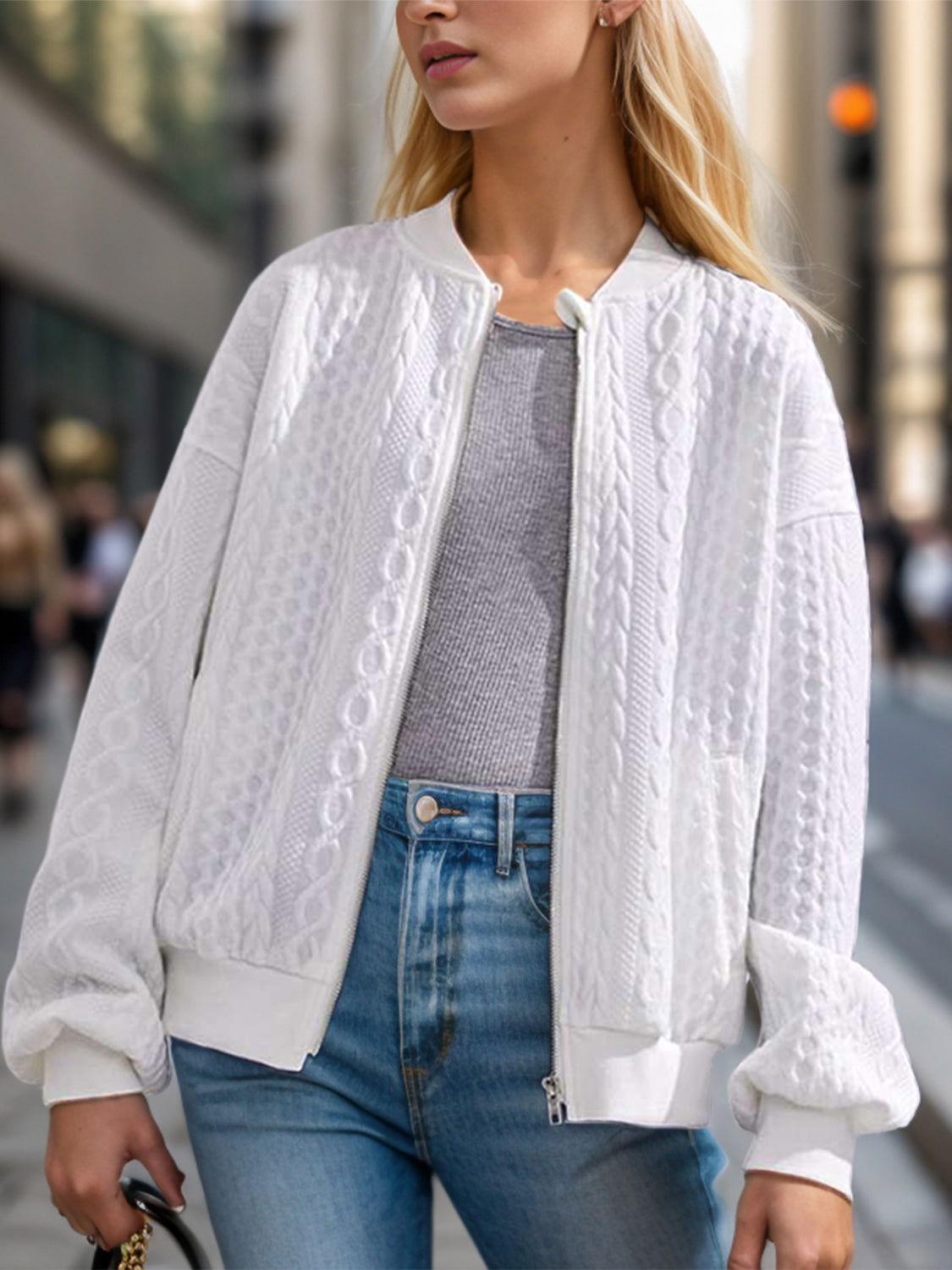 Textured Zip Up Dropped Shoulder Jacket - Clothes For Her Online Store