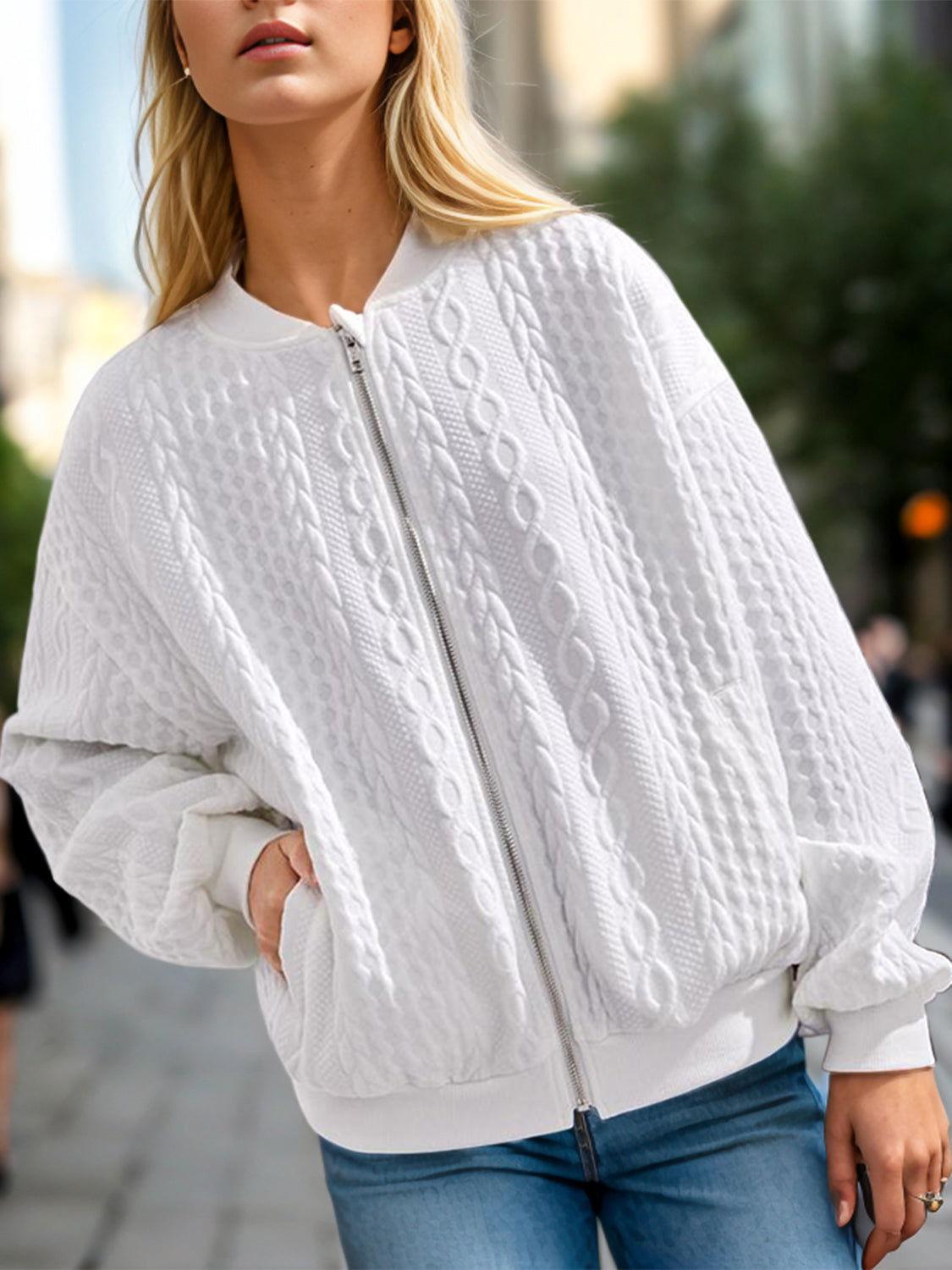 Textured Zip Up Dropped Shoulder Jacket - Clothes For Her Online Store