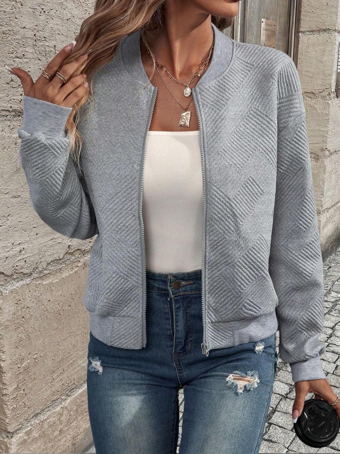 Textured Zip Up Long Sleeve Jacket - Clothes For Her Online Store