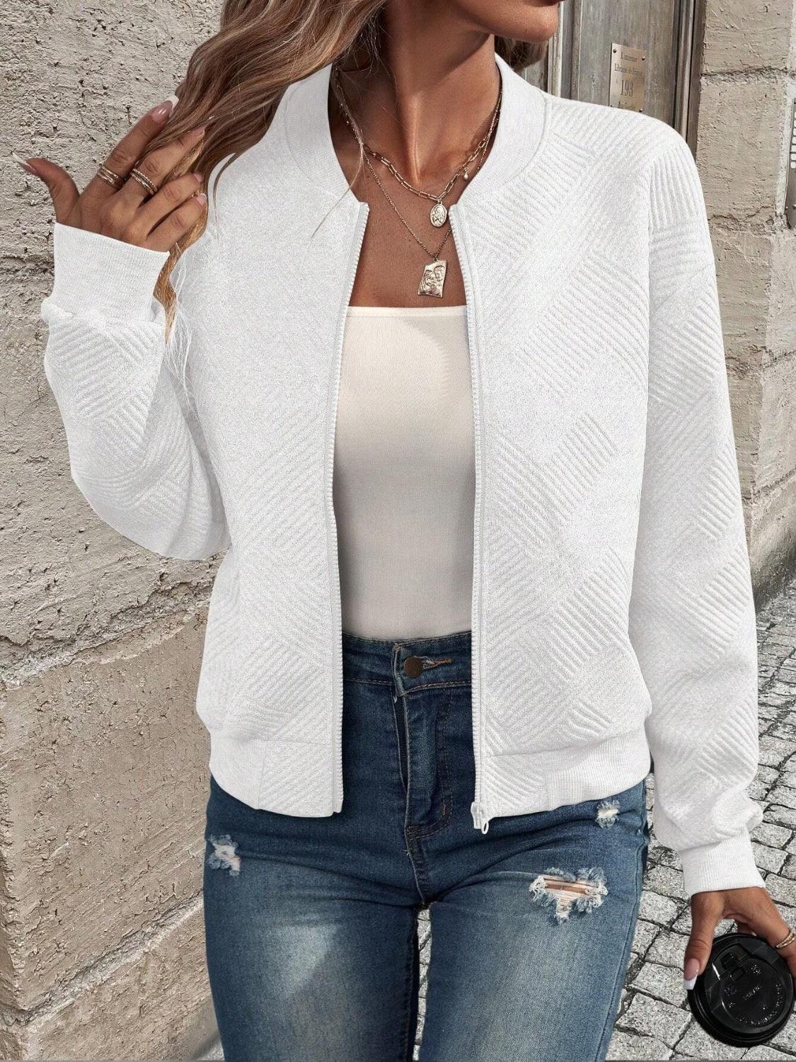 Textured Zip Up Long Sleeve Jacket - Clothes For Her Online Store