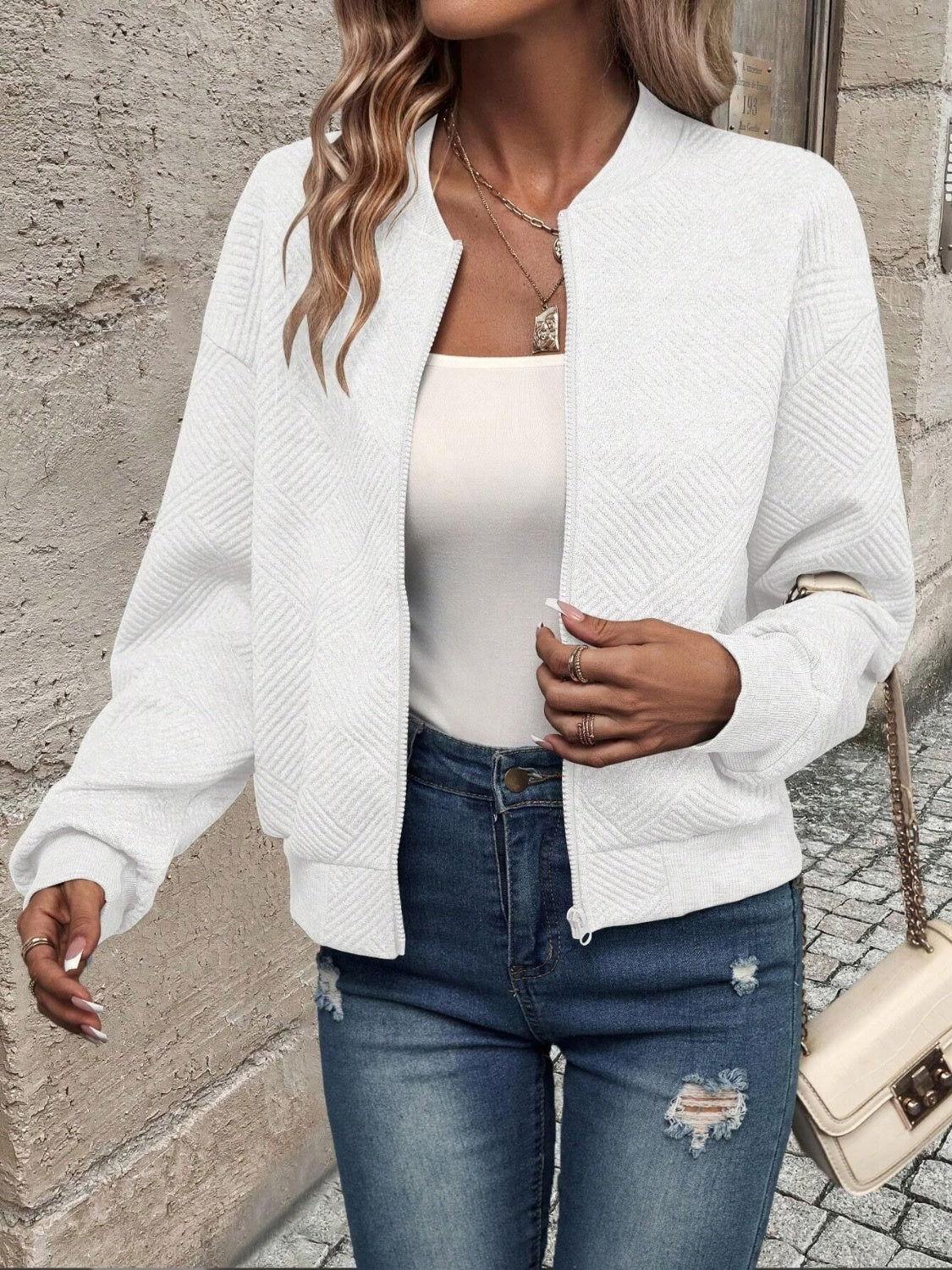Textured Zip Up Long Sleeve Jacket - Clothes For Her Online Store