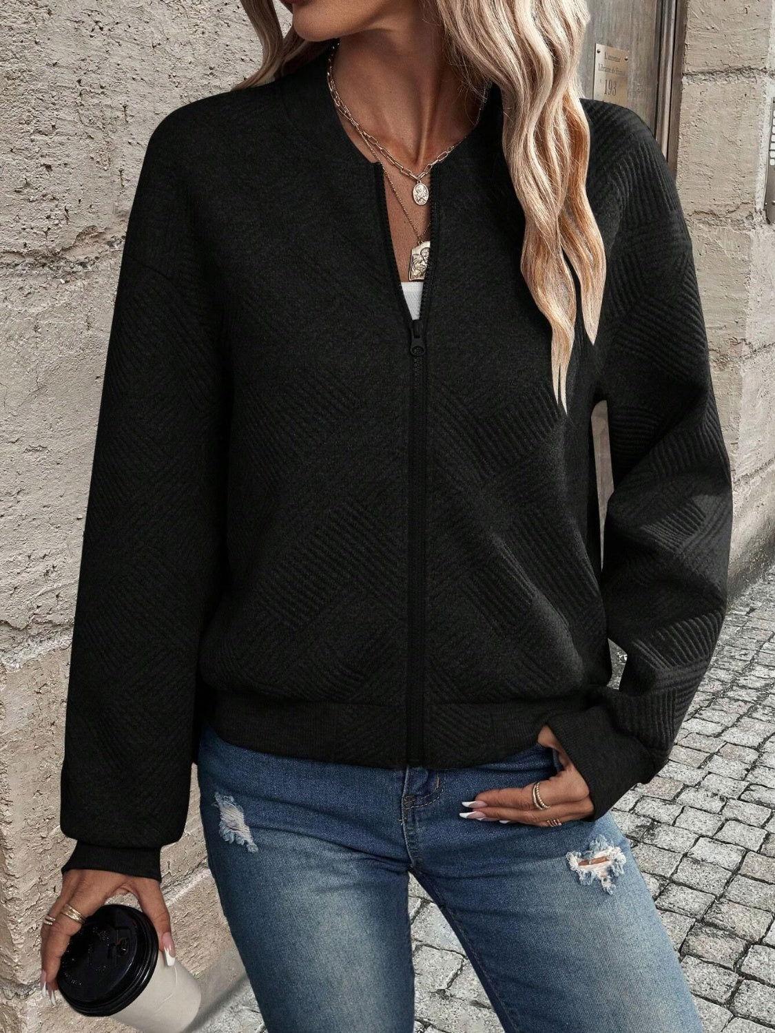 Textured Zip Up Long Sleeve Jacket - Clothes For Her Online Store
