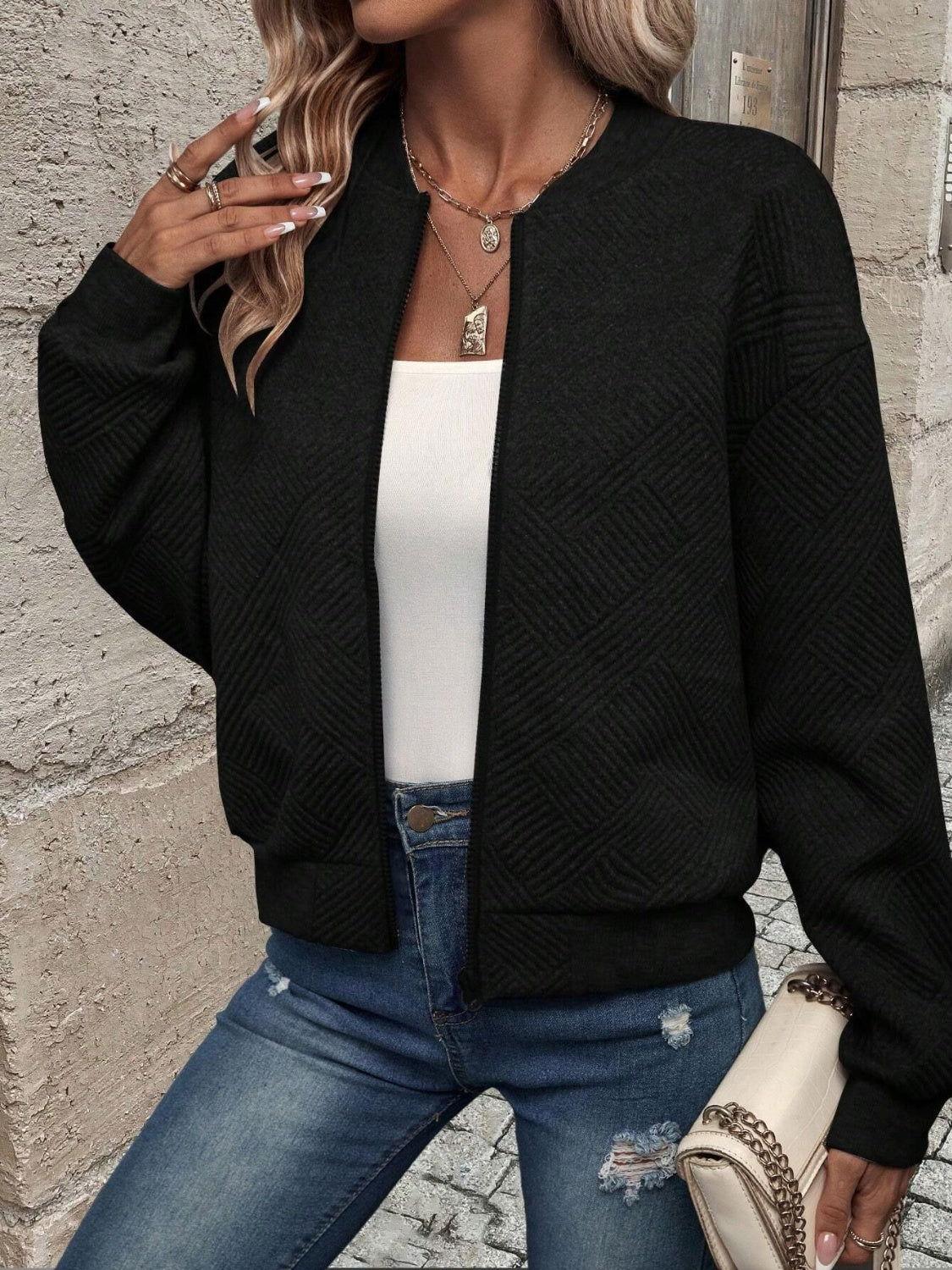 Textured Zip Up Long Sleeve Jacket - Clothes For Her Online Store