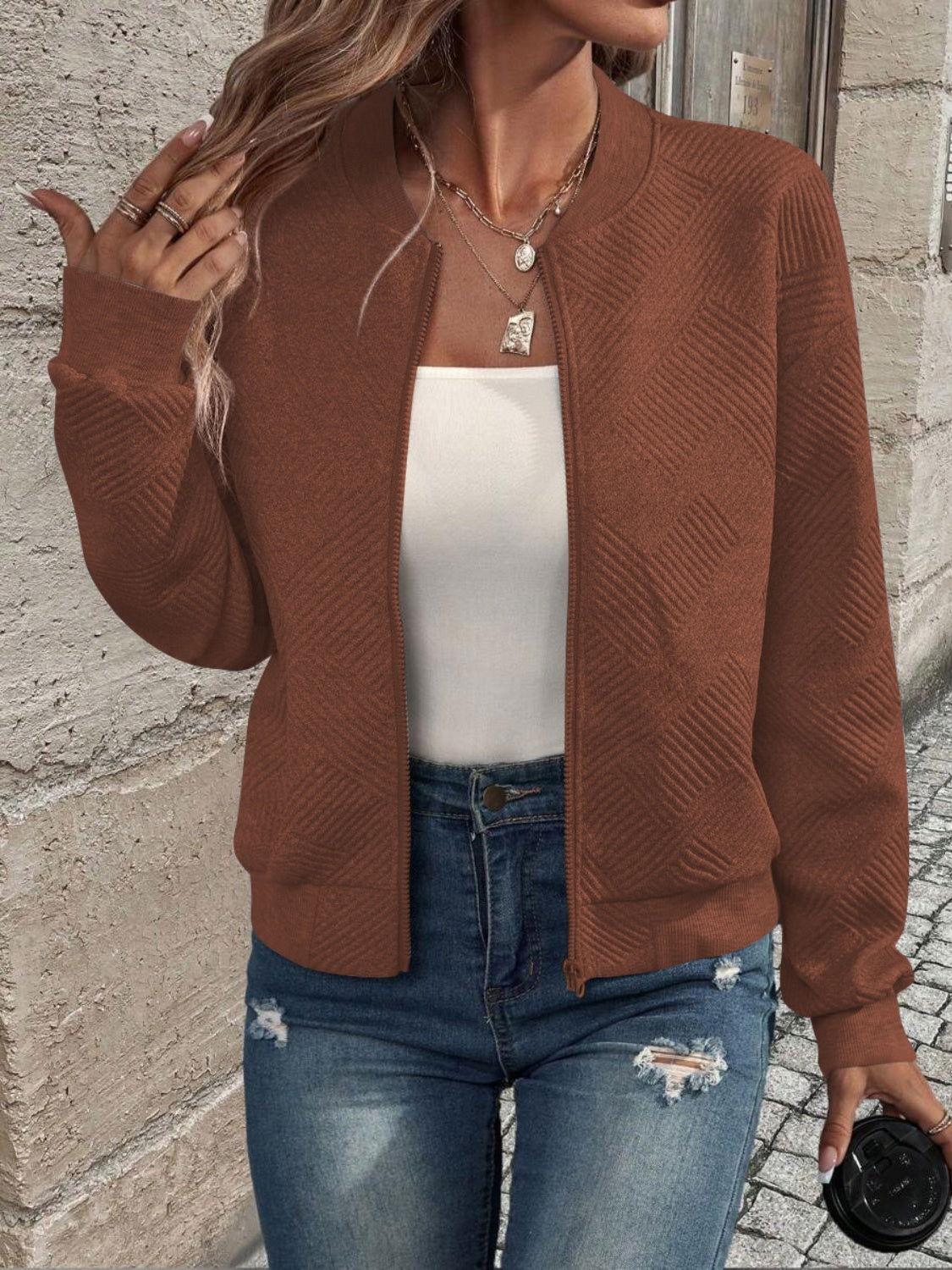 Textured Zip Up Long Sleeve Jacket - Clothes For Her Online Store