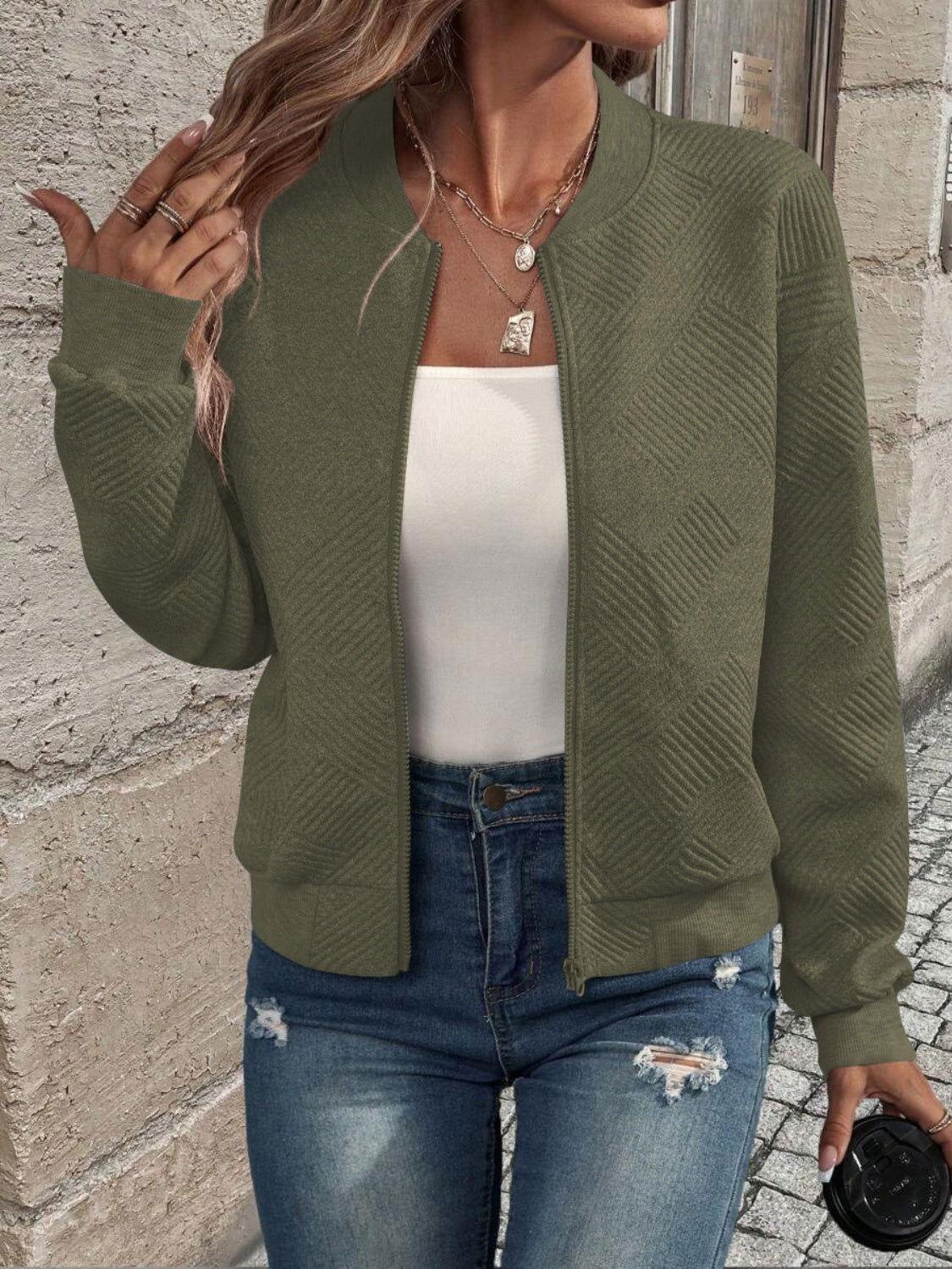 Textured Zip Up Long Sleeve Jacket - Clothes For Her Online Store