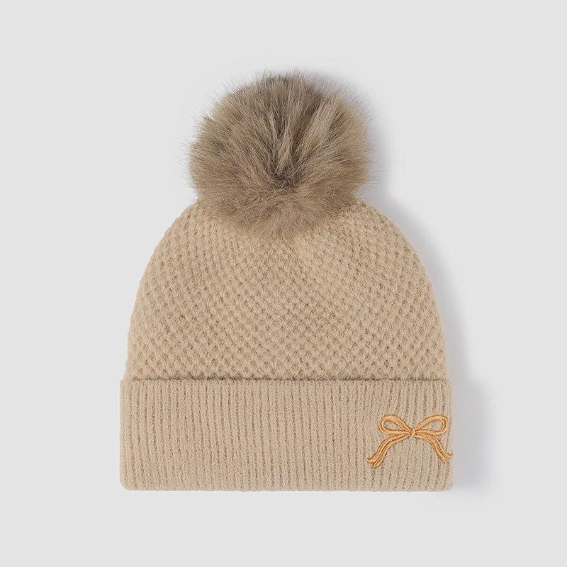 Thermal Bow Knit Hat with Pompom - Clothes For Her Online Store