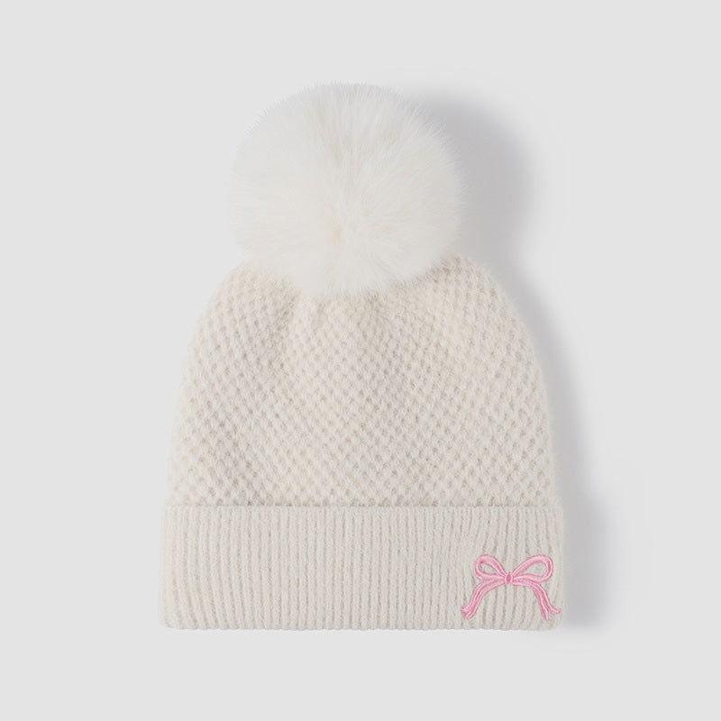 Thermal Bow Knit Hat with Pompom - Clothes For Her Online Store