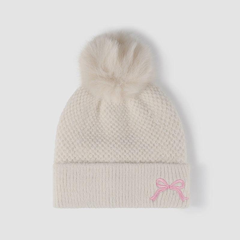Thermal Bow Knit Hat with Pompom - Clothes For Her Online Store
