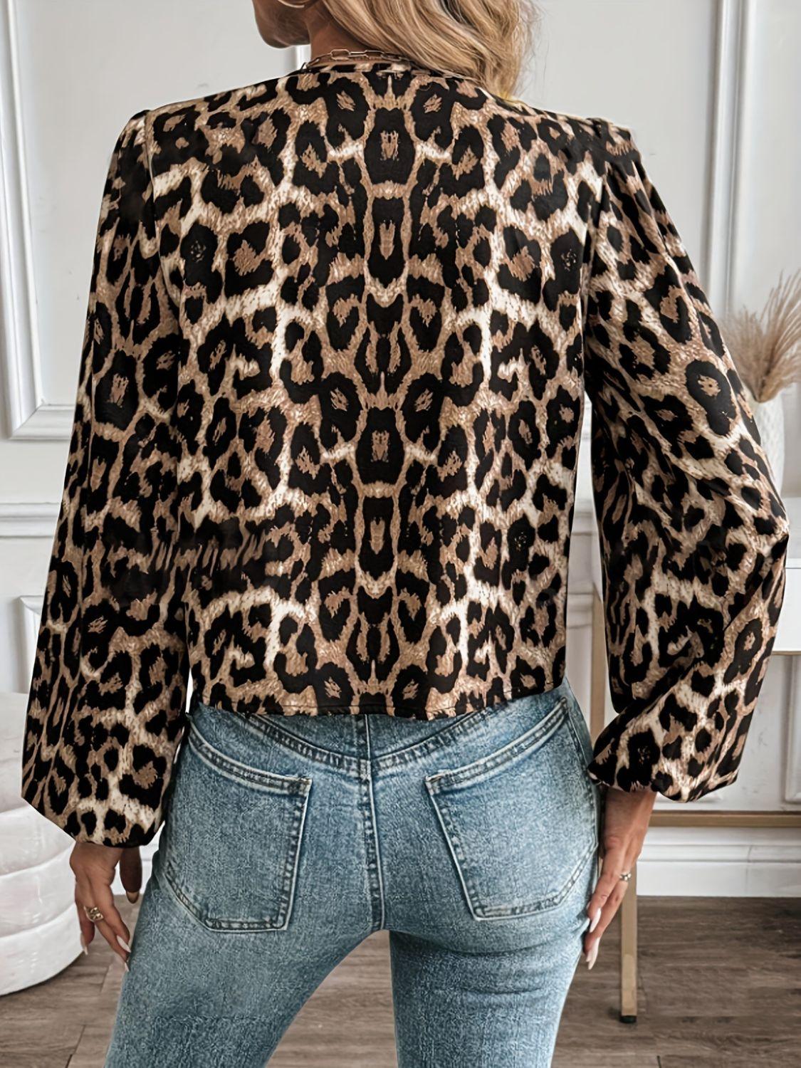 Tied Leopard Round Neck Long Sleeve Top - Clothes For Her Online Store