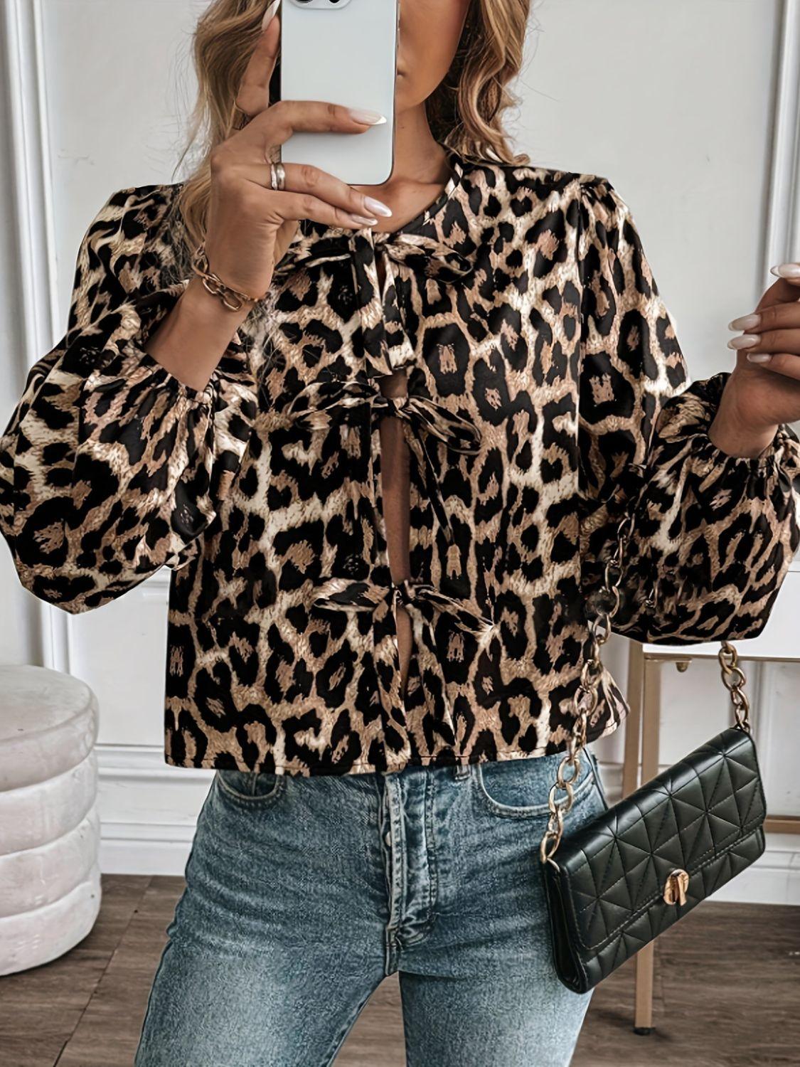 Tied Leopard Round Neck Long Sleeve Top - Clothes For Her Online Store