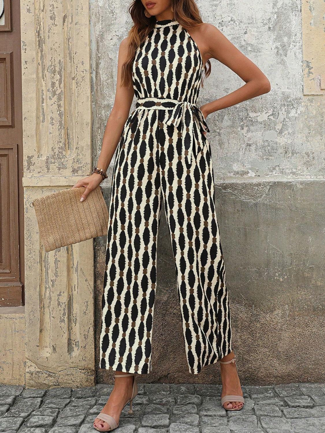 Tied Printed Grecian Neck Jumpsuit - Clothes For Her Online Store