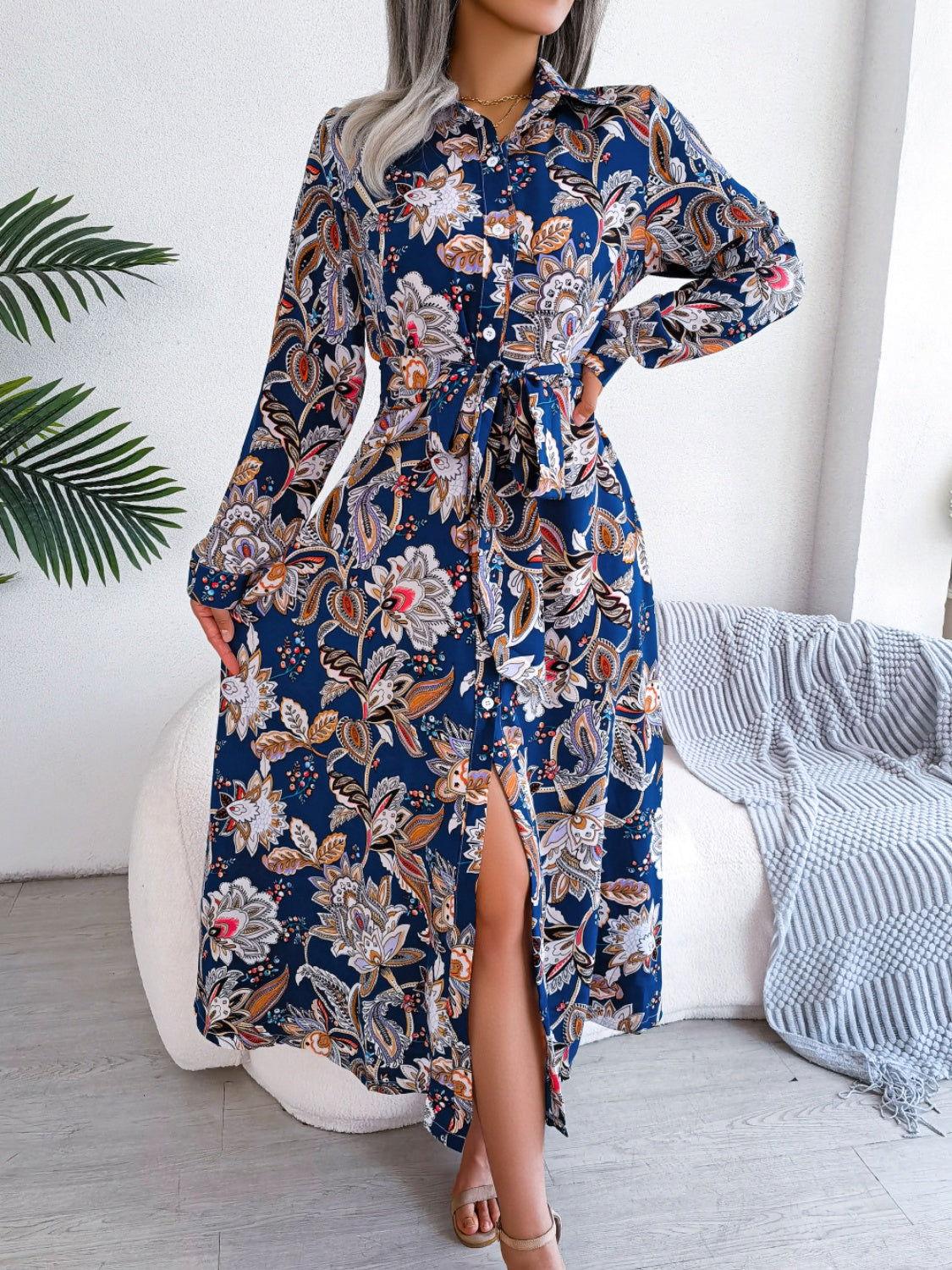 Tied Printed Long Sleeve Midi Dress - Clothes For Her Online Store