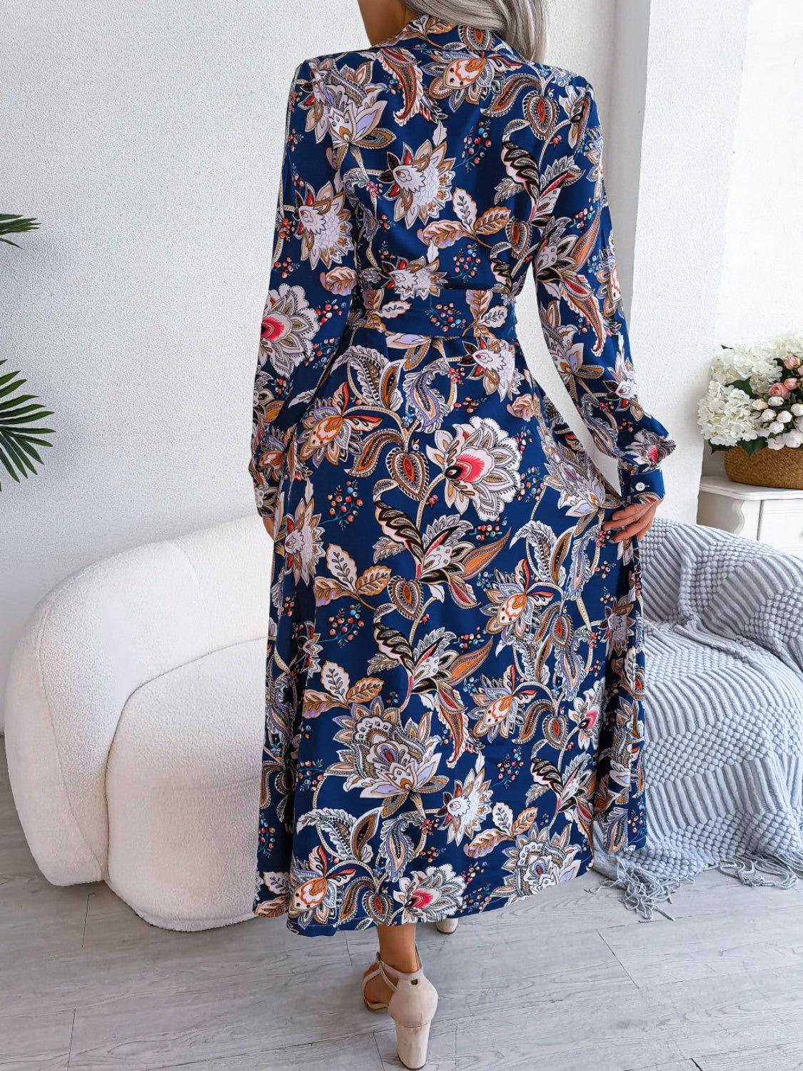 Tied Printed Long Sleeve Midi Dress - Clothes For Her Online Store