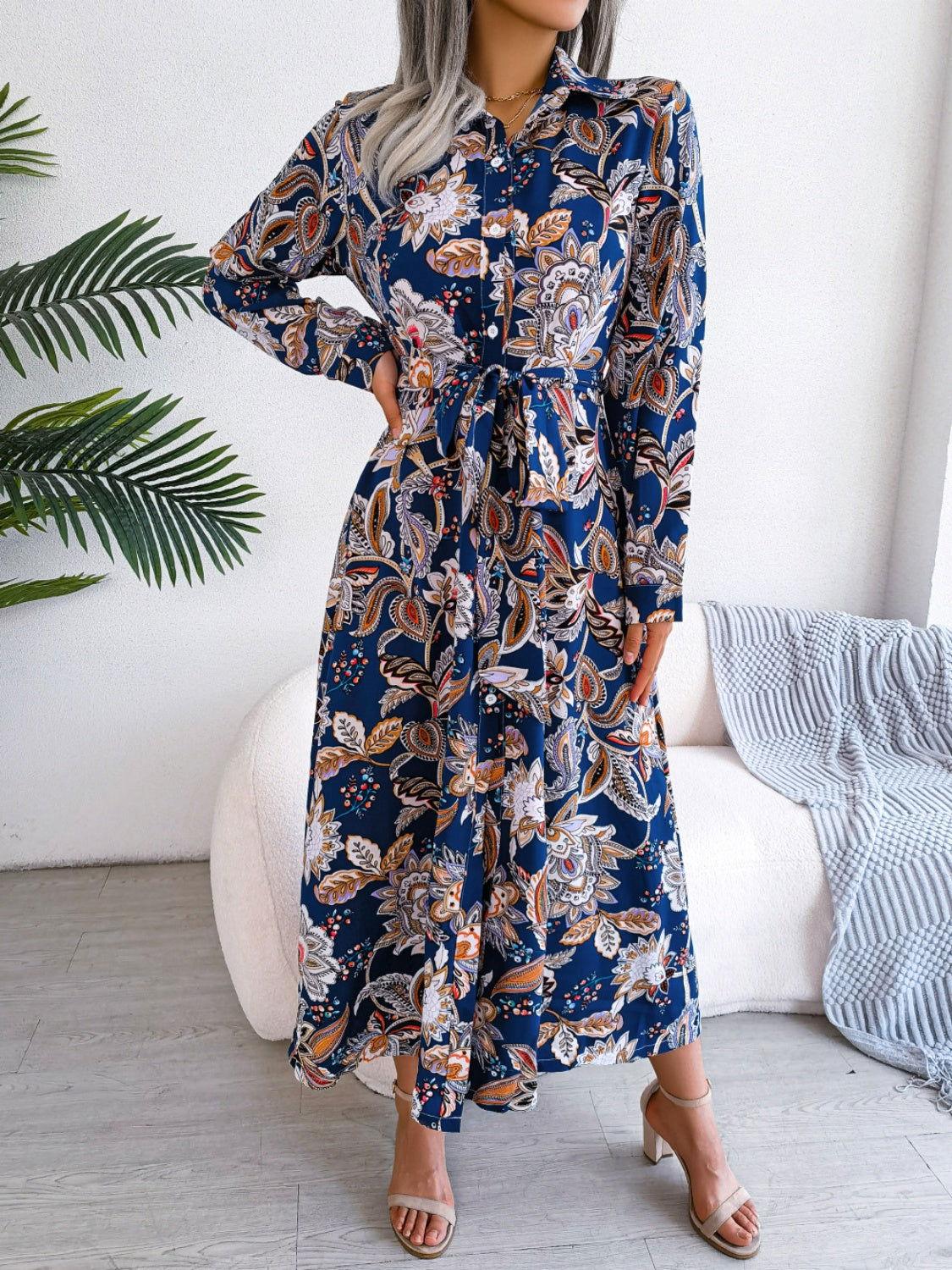Tied Printed Long Sleeve Midi Dress - Clothes For Her Online Store
