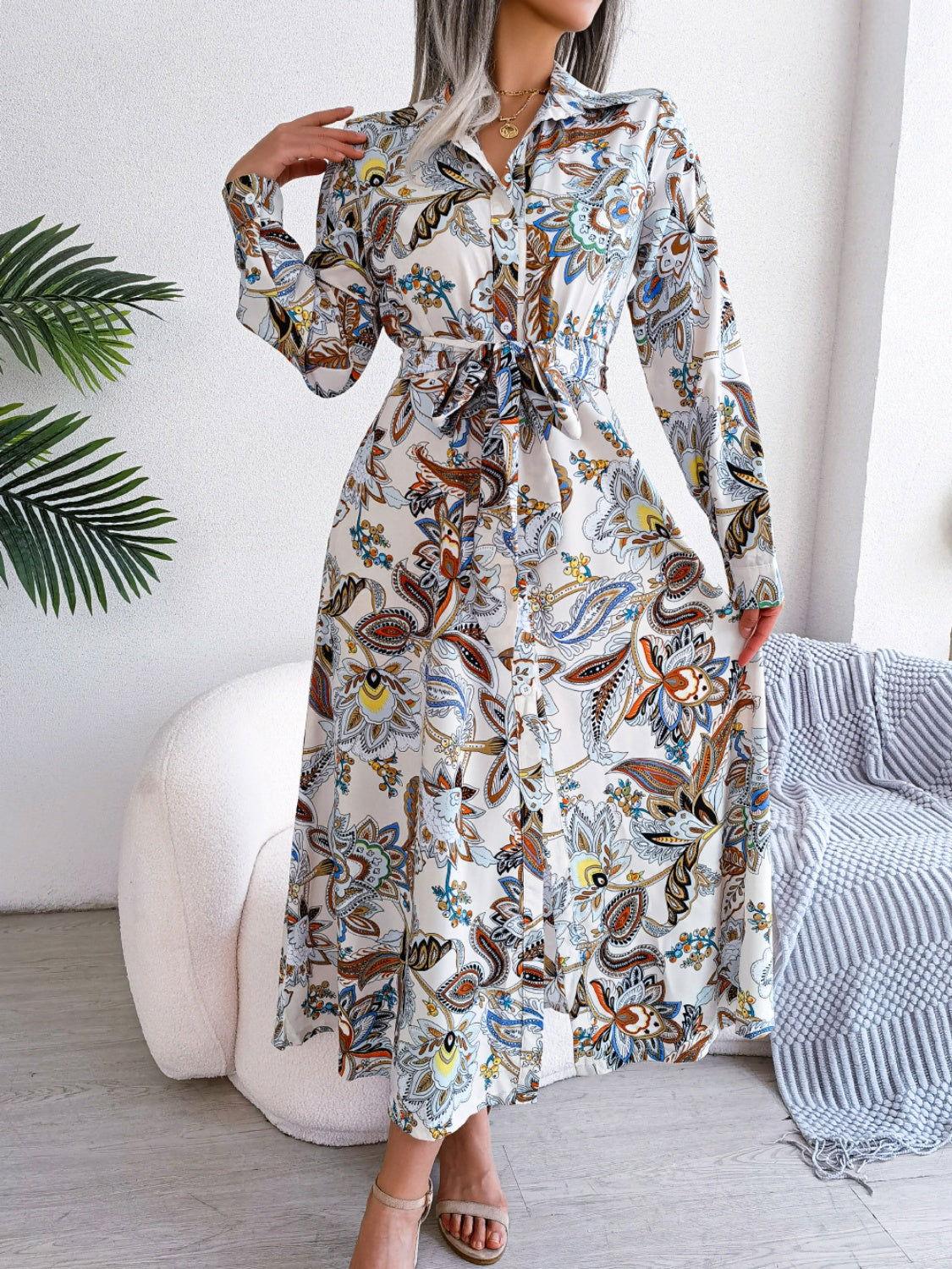 Tied Printed Long Sleeve Midi Dress - Clothes For Her Online Store