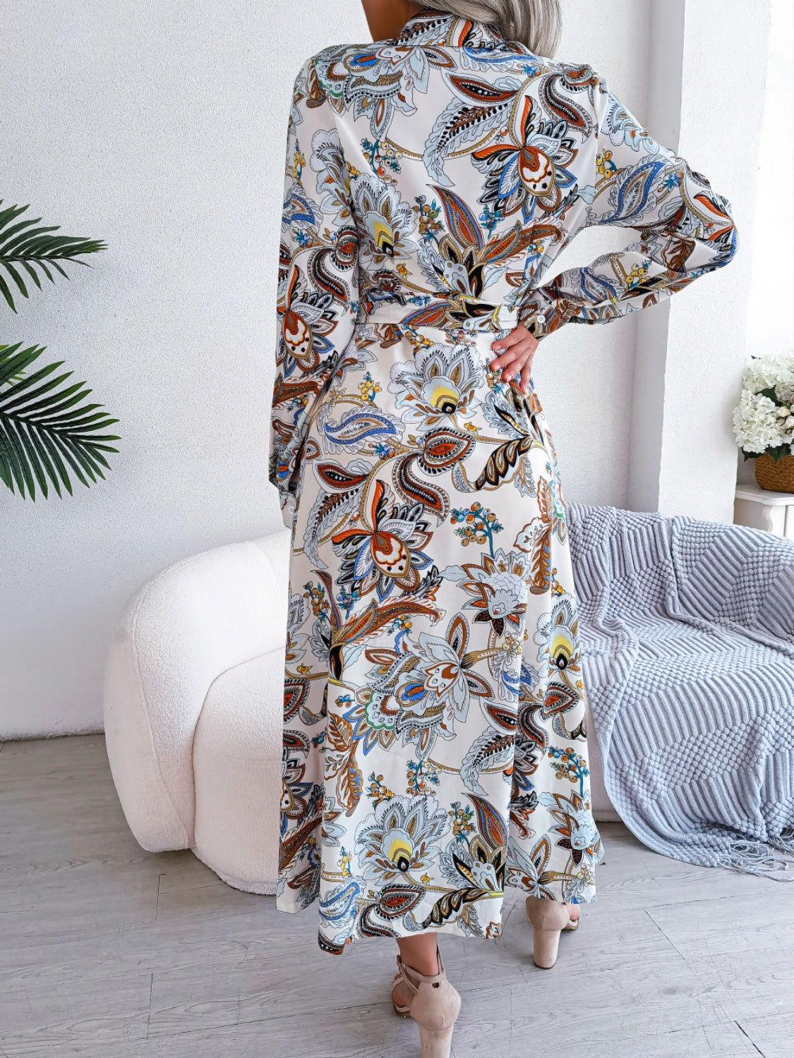 Tied Printed Long Sleeve Midi Dress - Clothes For Her Online Store