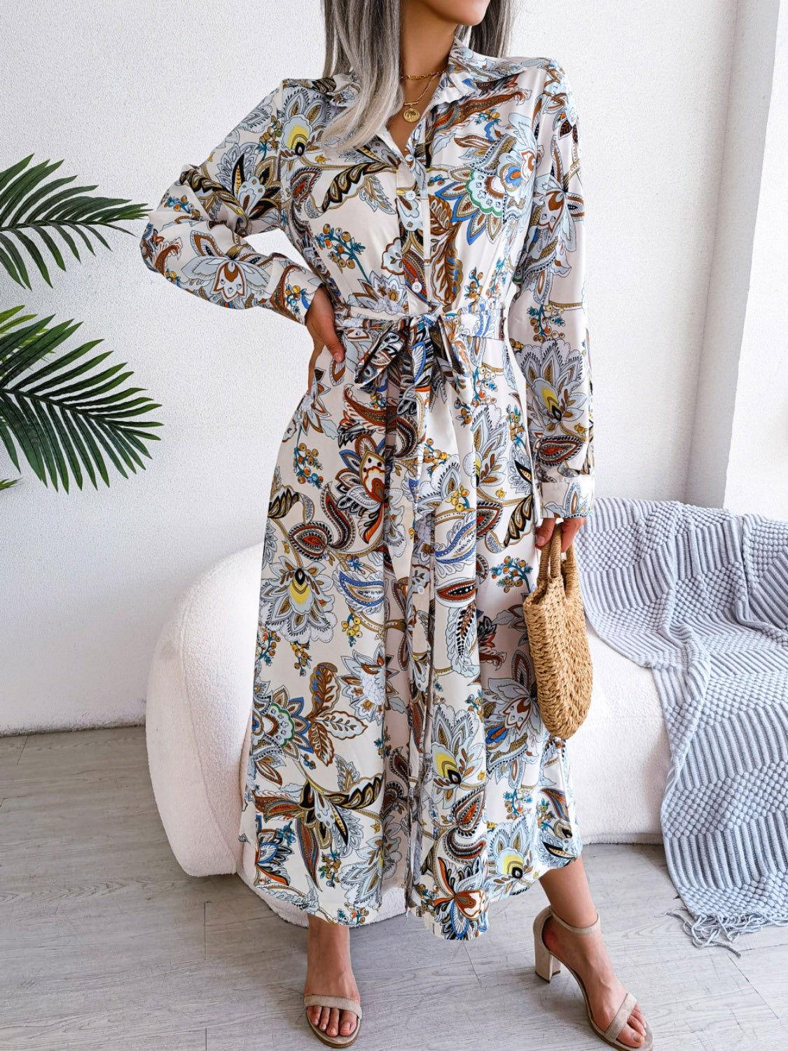 Tied Printed Long Sleeve Midi Dress - Clothes For Her Online Store