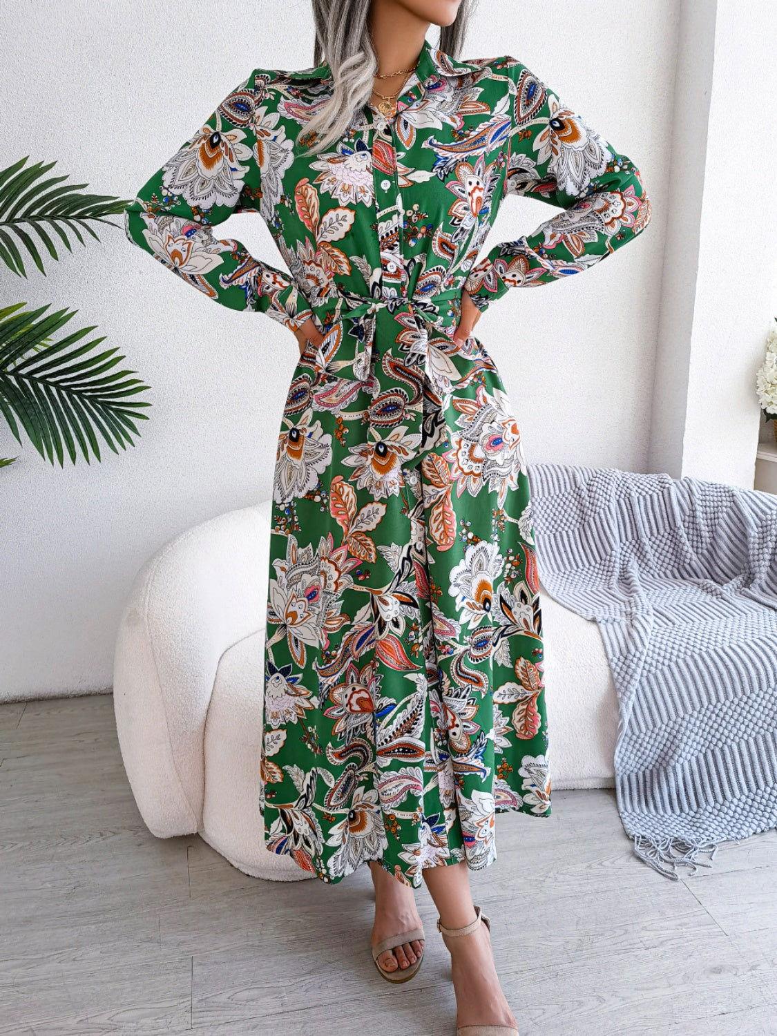 Tied Printed Long Sleeve Midi Dress - Clothes For Her Online Store