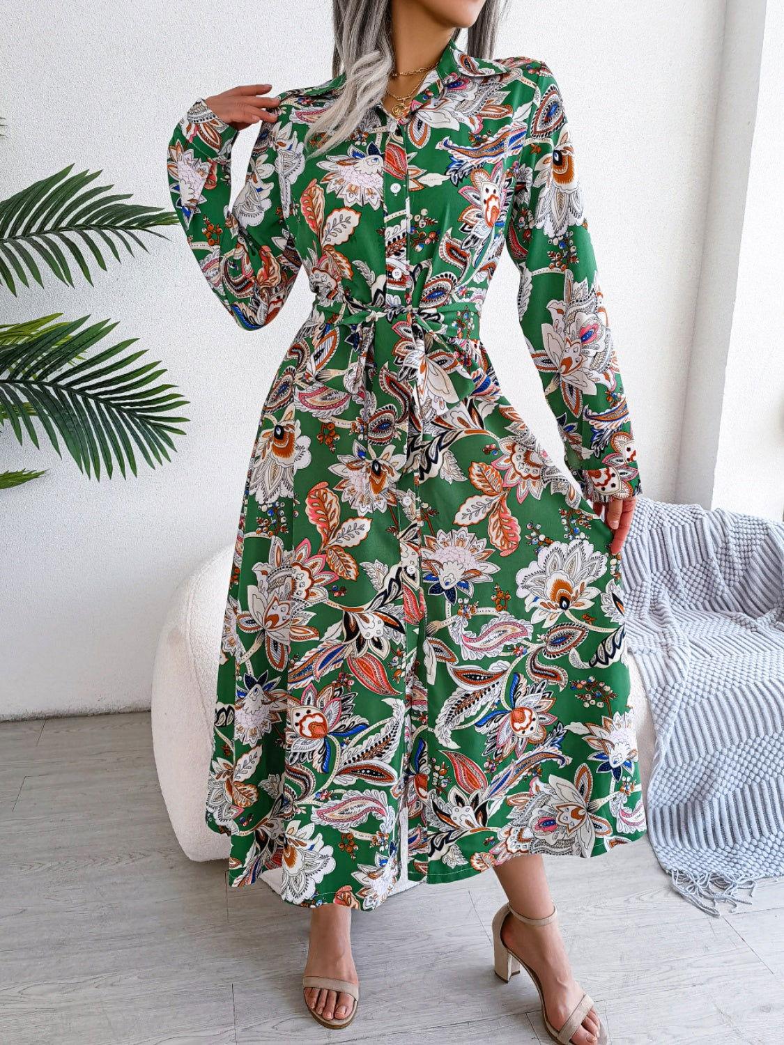 Tied Printed Long Sleeve Midi Dress - Clothes For Her Online Store