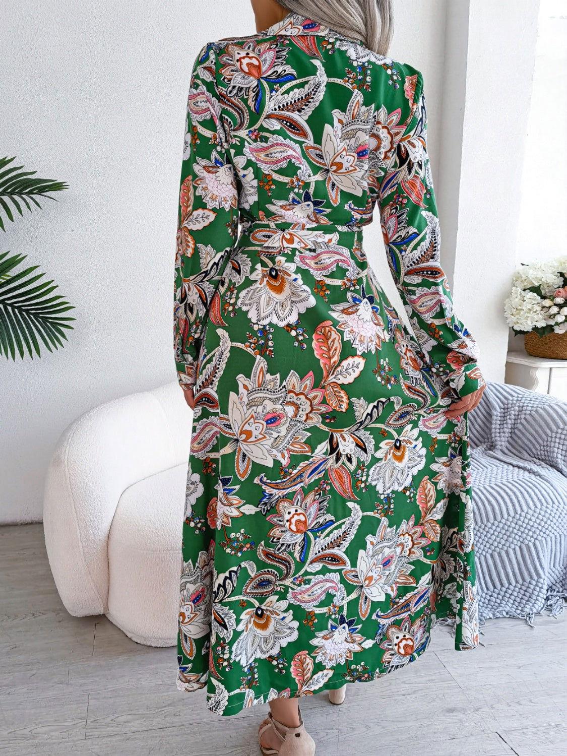 Tied Printed Long Sleeve Midi Dress - Clothes For Her Online Store