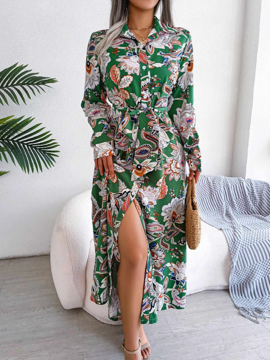 Tied Printed Long Sleeve Midi Dress - Clothes For Her Online Store