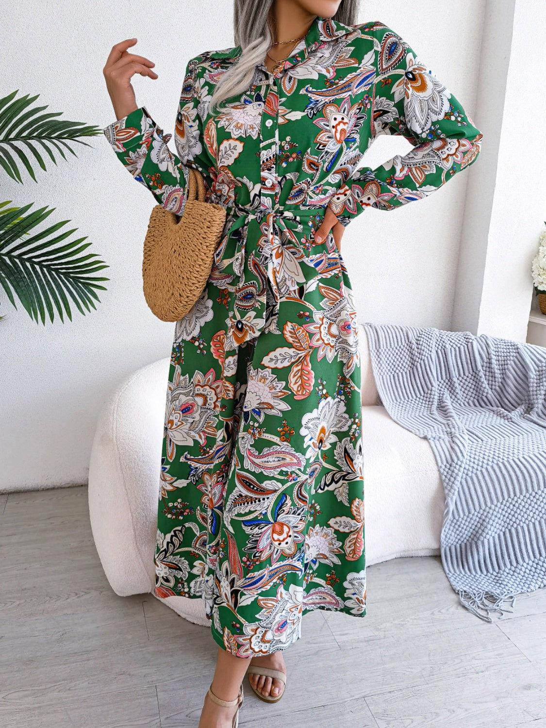 Tied Printed Long Sleeve Midi Dress - Clothes For Her Online Store