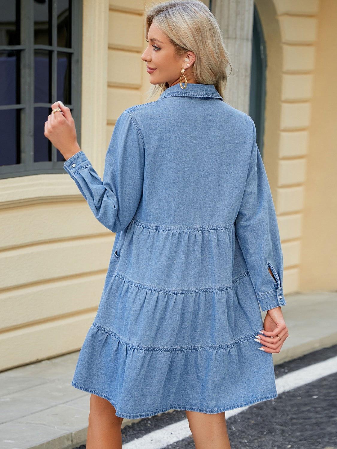 Tiered Button Up Long Sleeve Denim Dress - Clothes For Her Online Store
