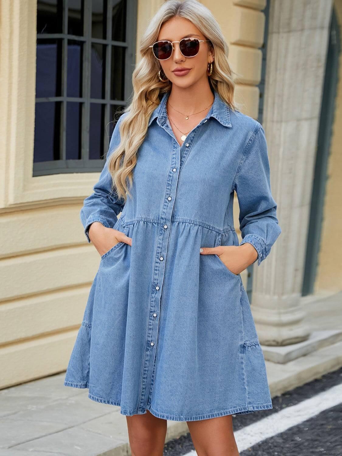 Tiered Button Up Long Sleeve Denim Dress - Clothes For Her Online Store