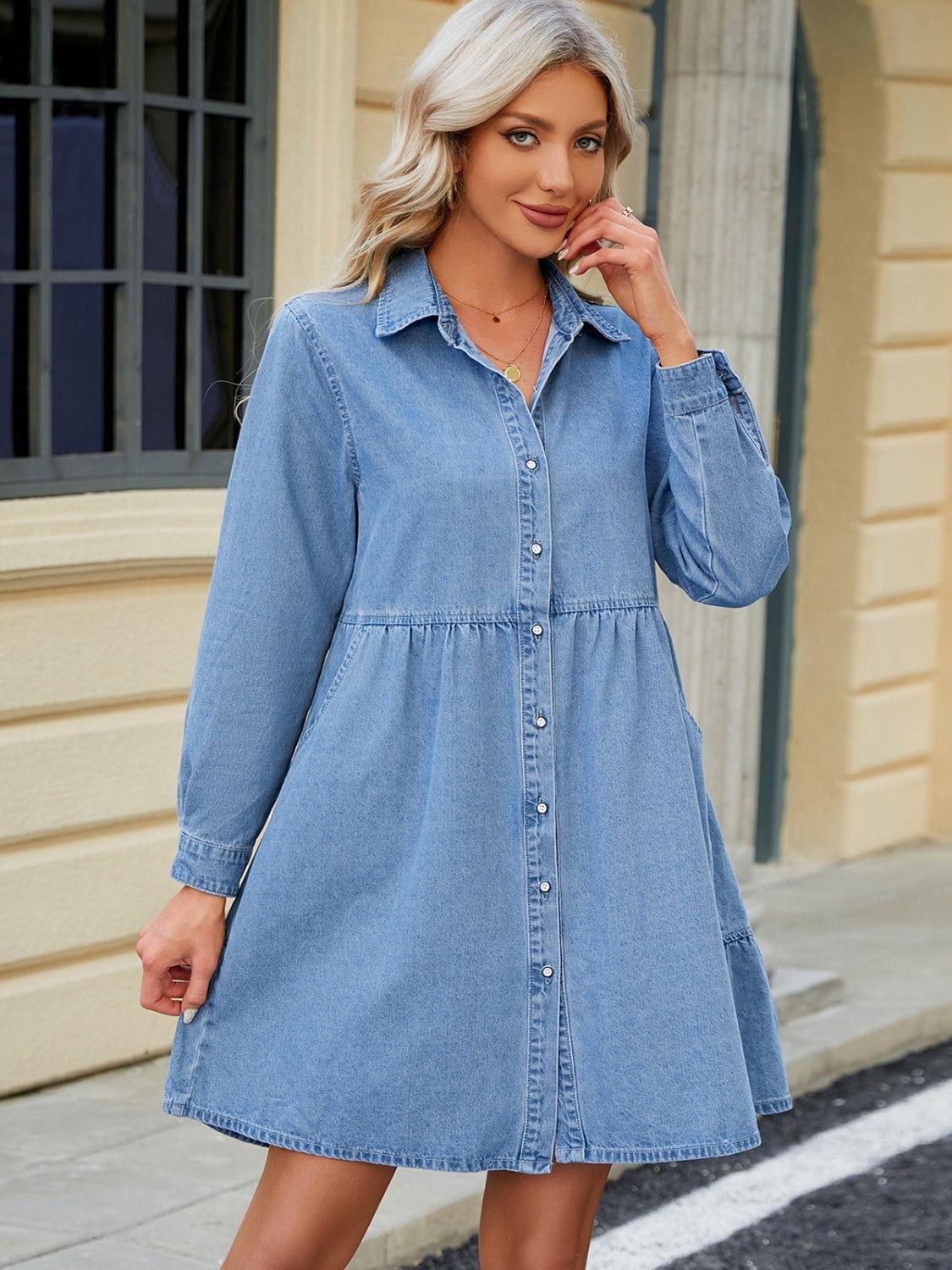 Tiered Button Up Long Sleeve Denim Dress - Clothes For Her Online Store