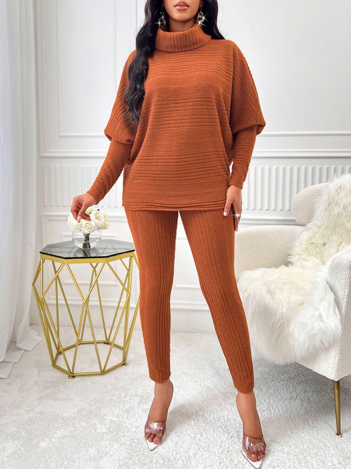 Turtleneck Batwing Sleeve Top and Pants Set - Clothes For Her Online Store