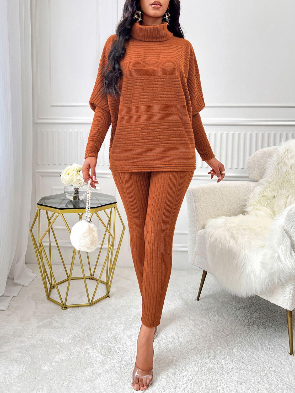 Turtleneck Batwing Sleeve Top and Pants Set - Clothes For Her Online Store