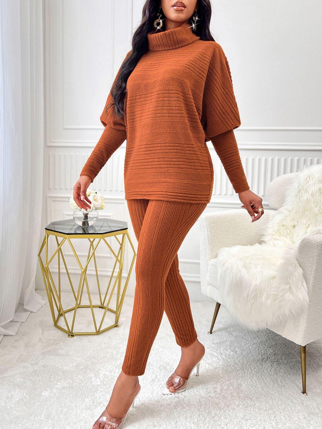 Turtleneck Batwing Sleeve Top and Pants Set - Clothes For Her Online Store