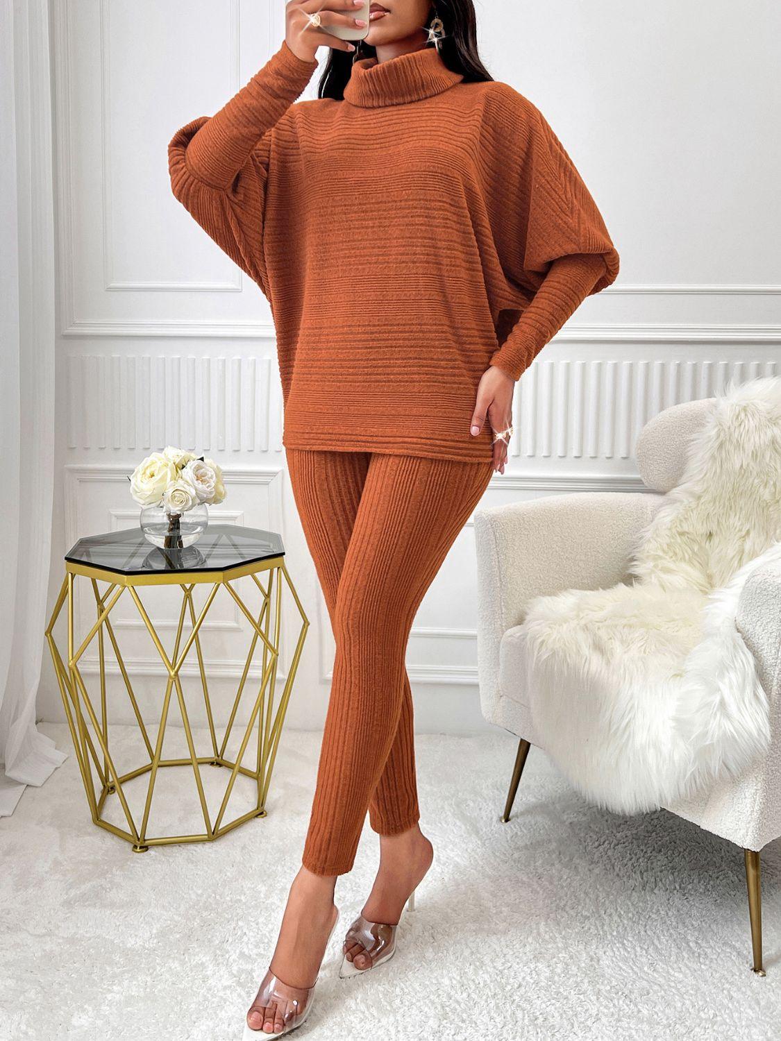 Turtleneck Batwing Sleeve Top and Pants Set - Clothes For Her Online Store