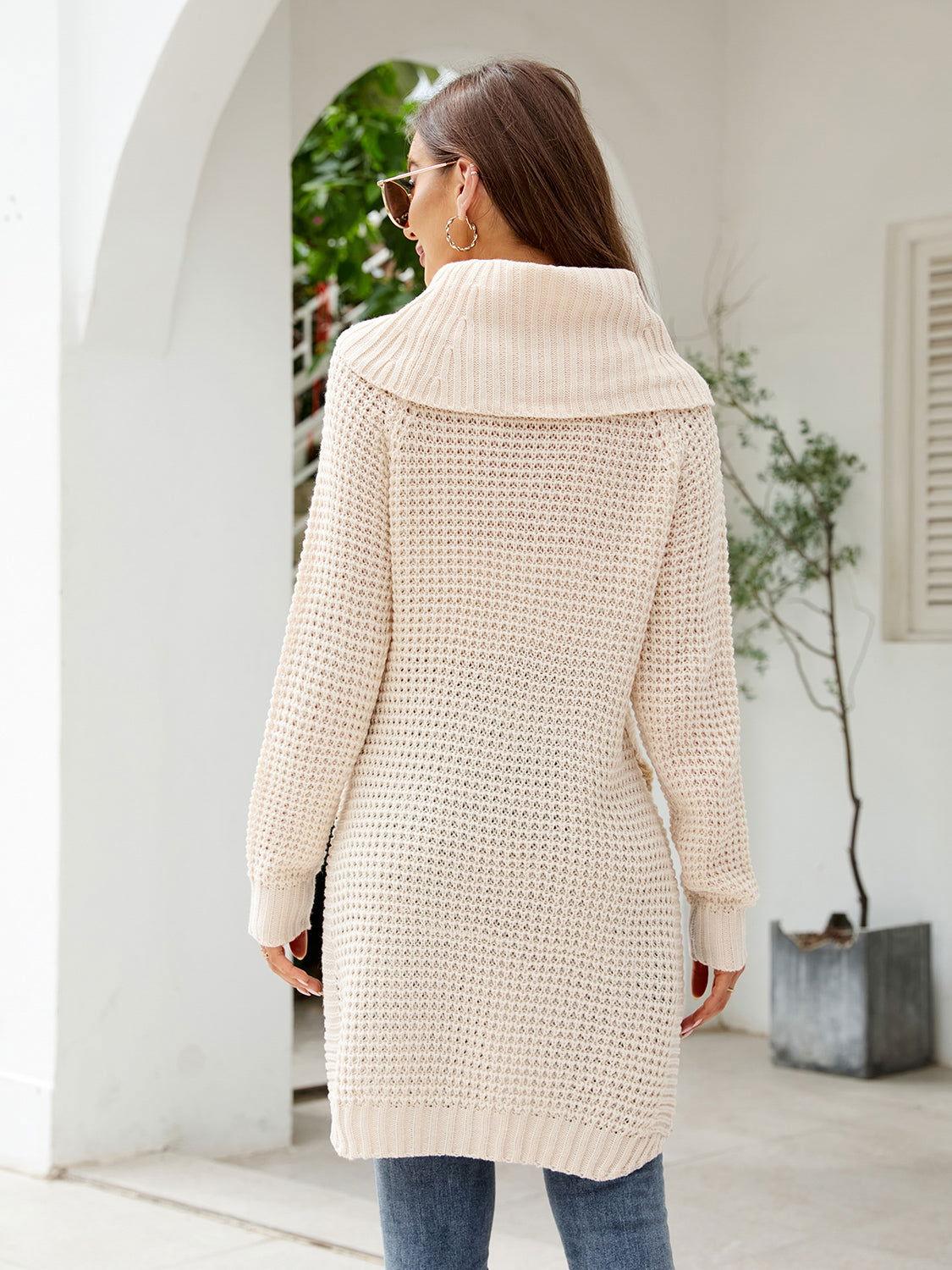 Turtleneck Waffle-Knit Slit Sweater Dress - Clothes For Her Online Store
