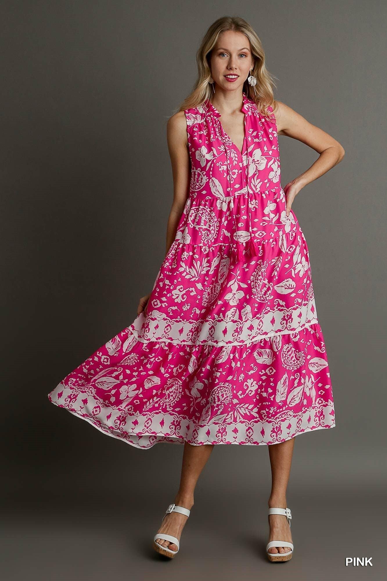 Two Tone Floral Paisley Sleeveless Midi Dress - Clothes For Her Online Store