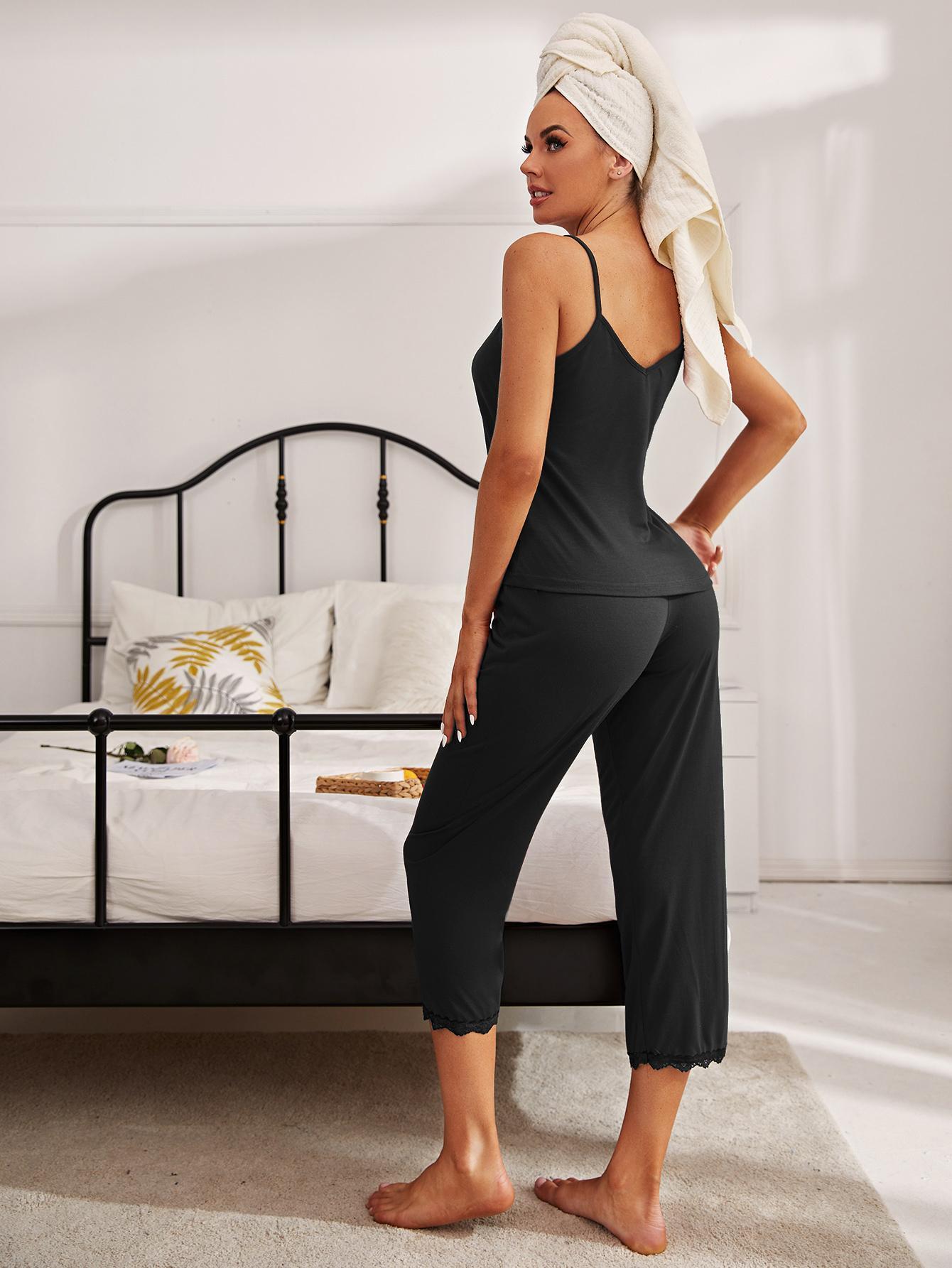 V-Neck Lace Trim Slit Cami and Pants Pajama Set - Clothes For Her Online Store