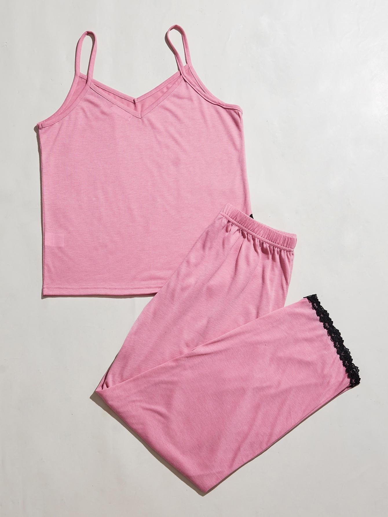 V-Neck Lace Trim Slit Cami and Pants Pajama Set - Clothes For Her Online Store