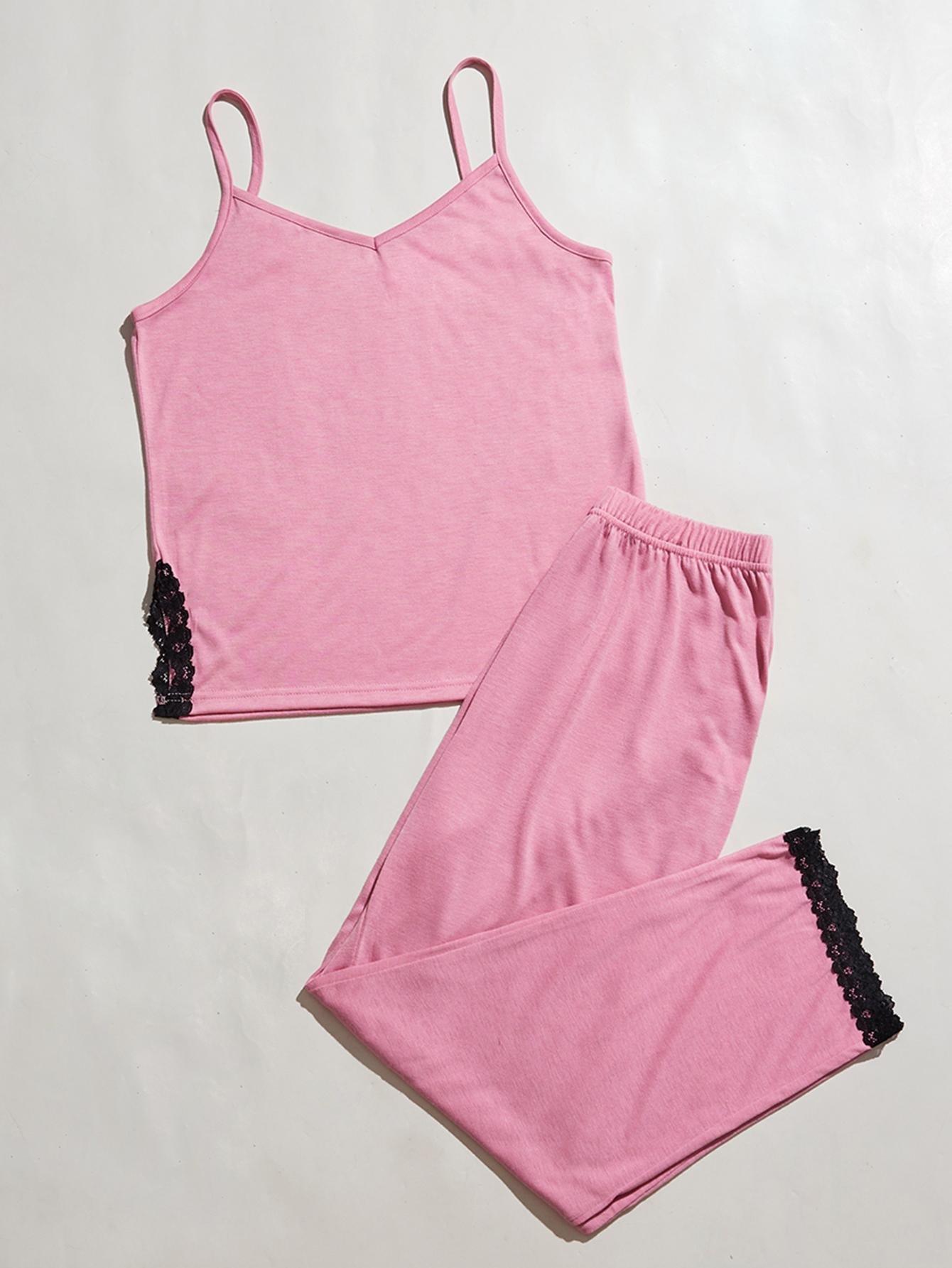 V-Neck Lace Trim Slit Cami and Pants Pajama Set - Clothes For Her Online Store