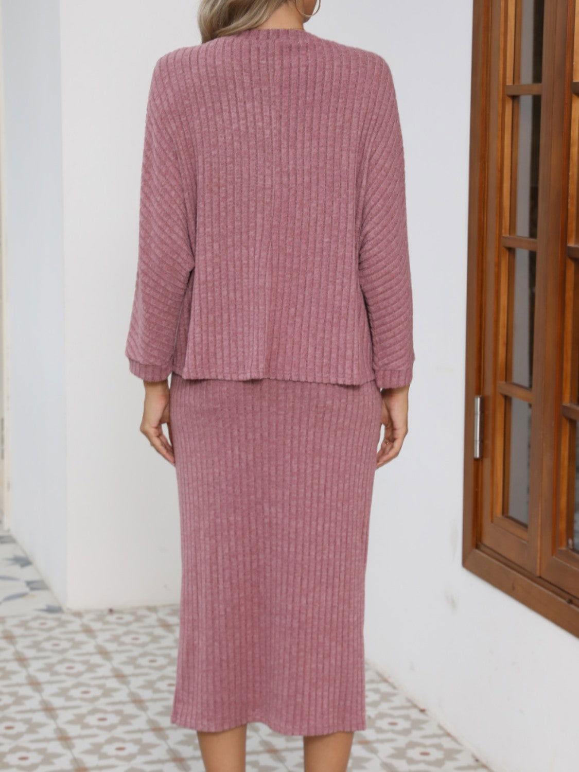 V-Neck Long Sleeve Top and Midi Skirt Set - Clothes For Her Online Store