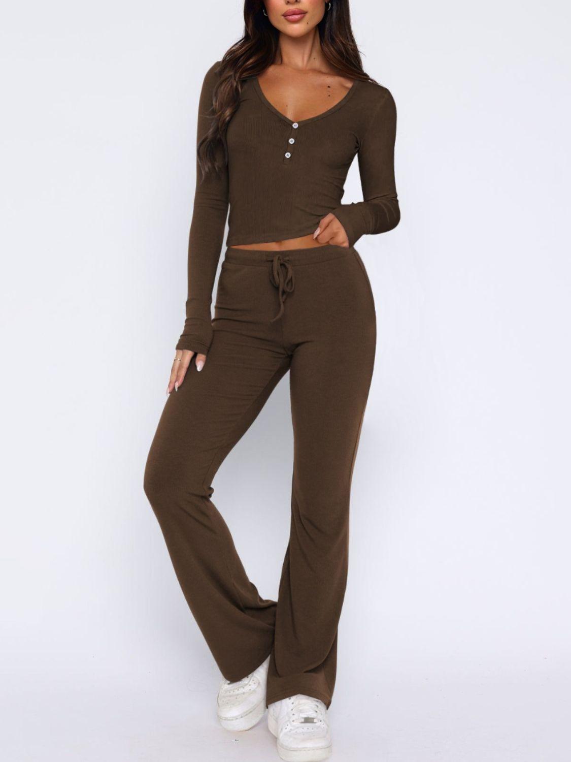 V-Neck Long Sleeve Top and Pants Set - Clothes For Her Online Store