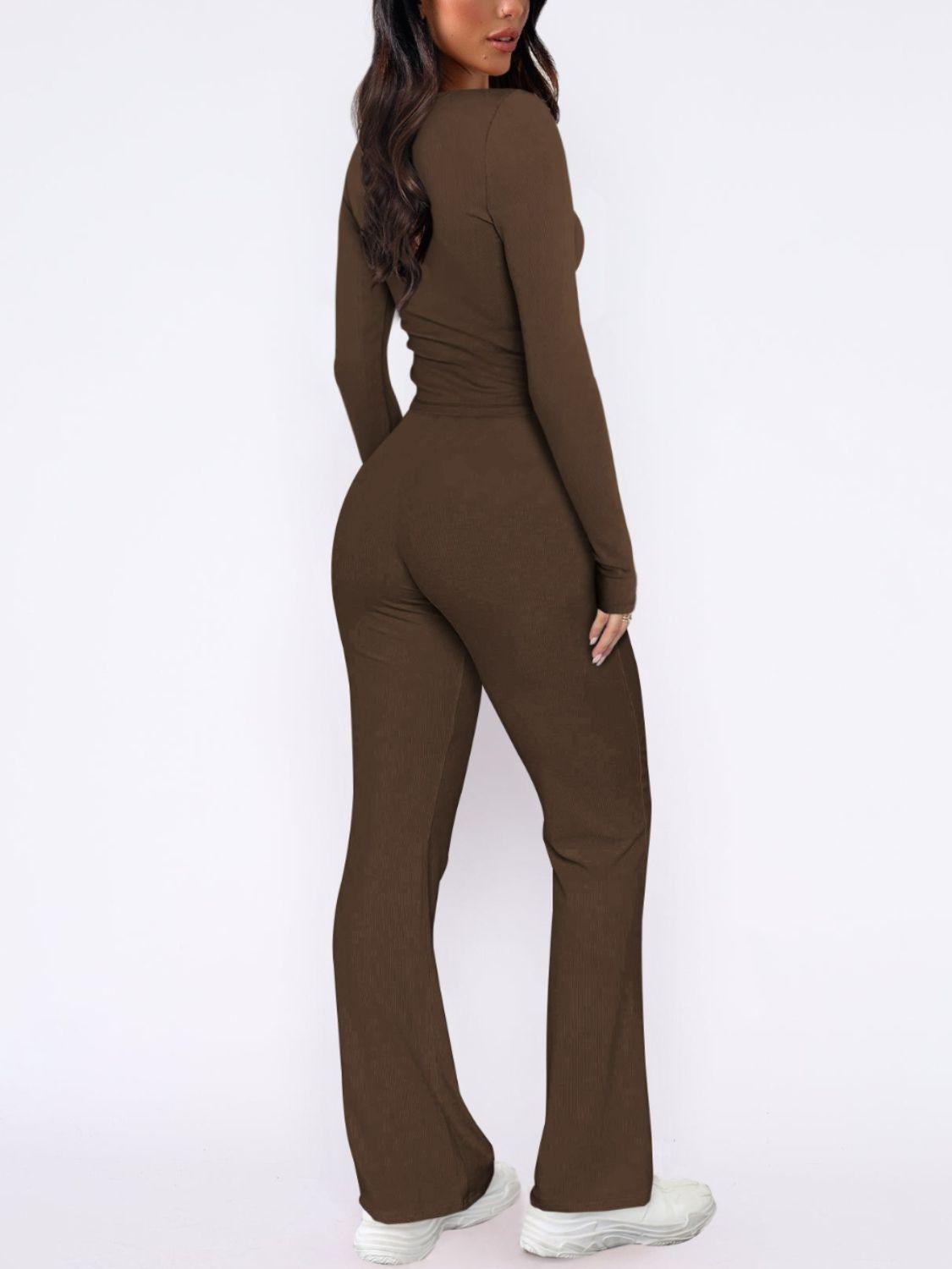 V-Neck Long Sleeve Top and Pants Set - Clothes For Her Online Store