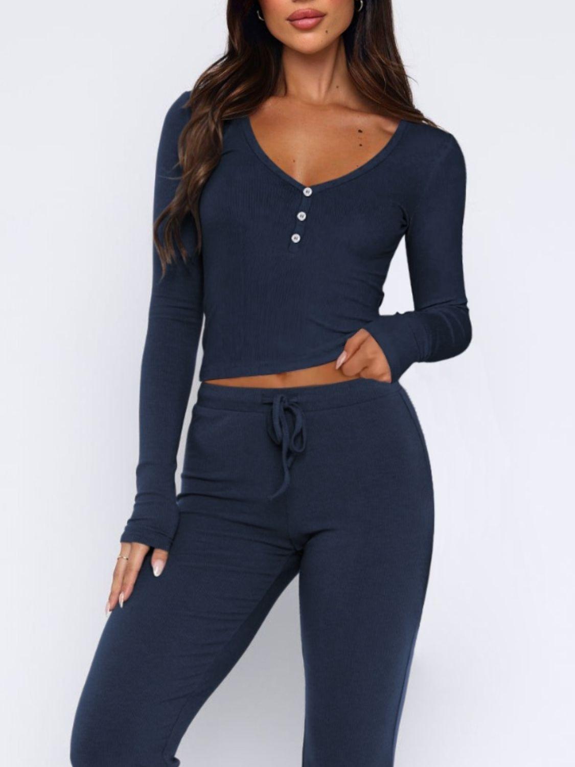 V-Neck Long Sleeve Top and Pants Set - Clothes For Her Online Store
