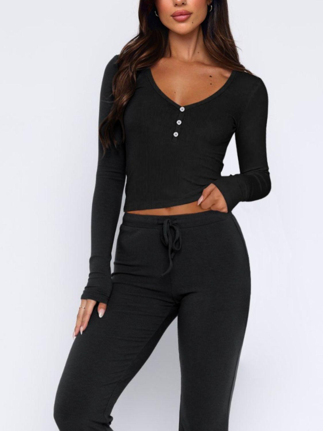 V-Neck Long Sleeve Top and Pants Set - Clothes For Her Online Store
