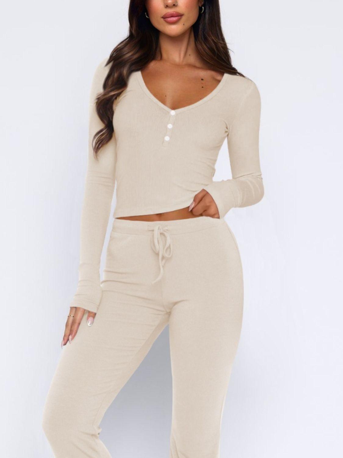 V-Neck Long Sleeve Top and Pants Set - Clothes For Her Online Store