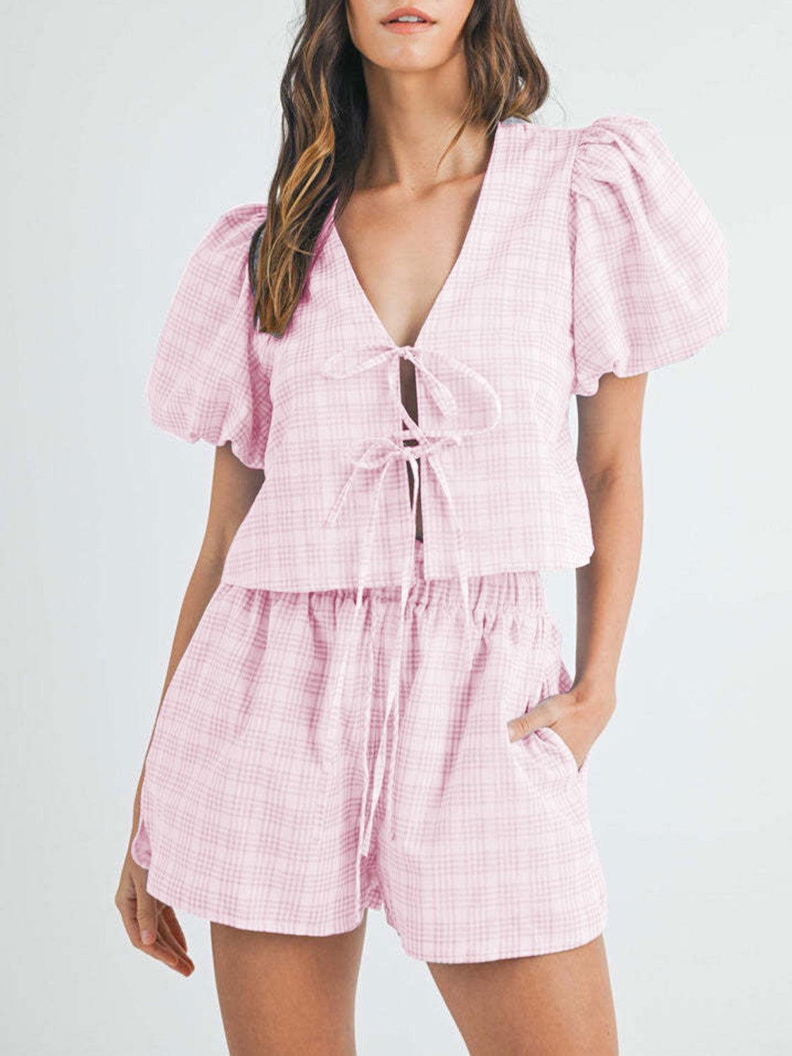 V-Neck Puff Sleeve Top and Shorts Set - Clothes For Her Online Store
