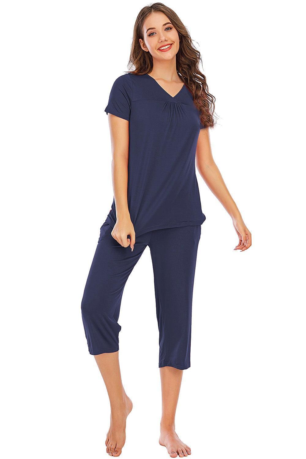 V-Neck Short Sleeve Top and Pants Lounge Set - Clothes For Her Online Store