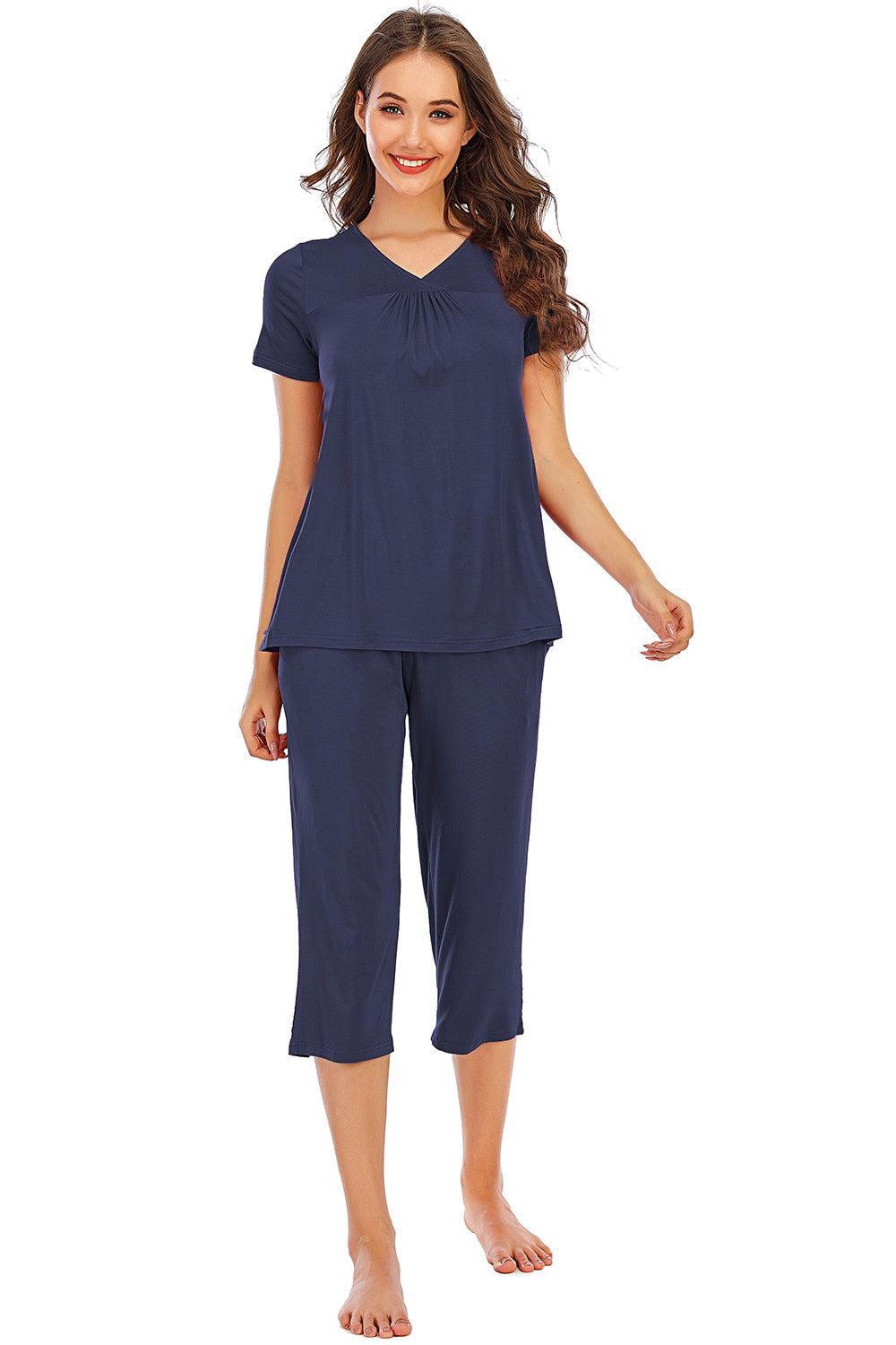 V-Neck Short Sleeve Top and Pants Lounge Set - Clothes For Her Online Store