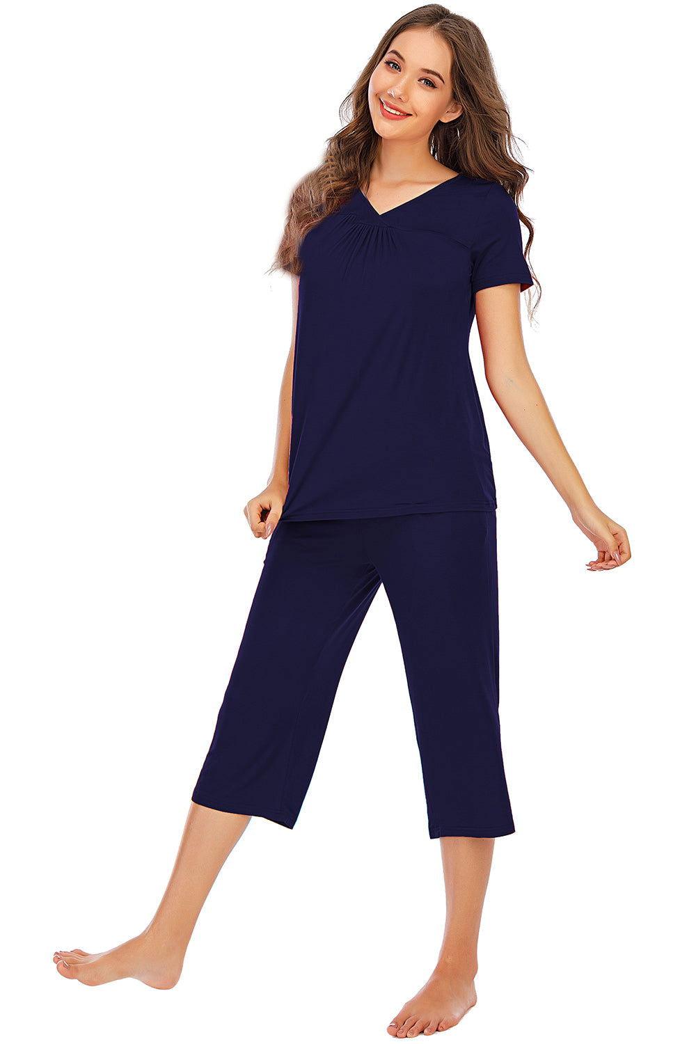 V-Neck Short Sleeve Top and Pants Lounge Set - Clothes For Her Online Store