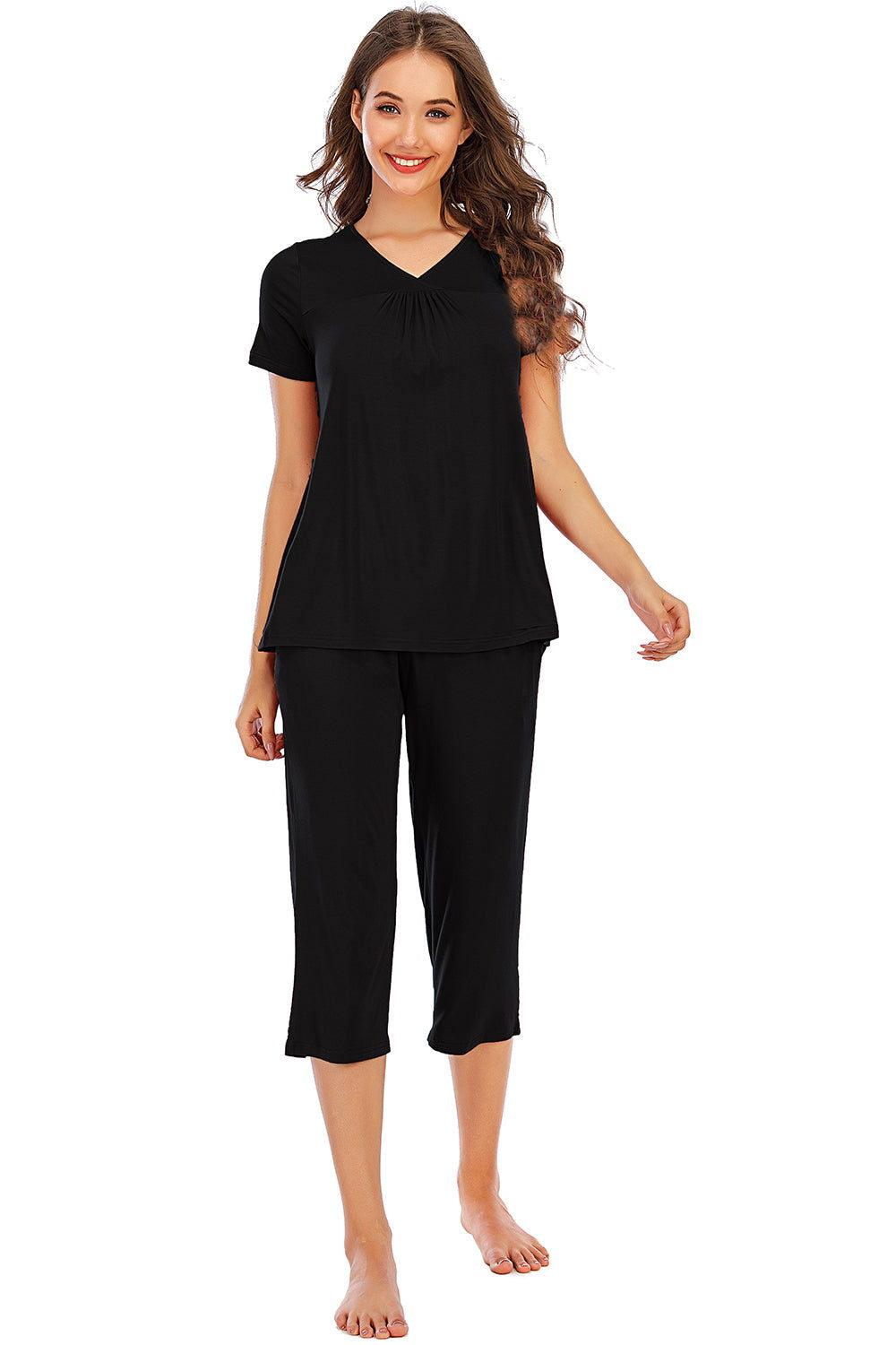 V-Neck Short Sleeve Top and Pants Lounge Set - Clothes For Her Online Store