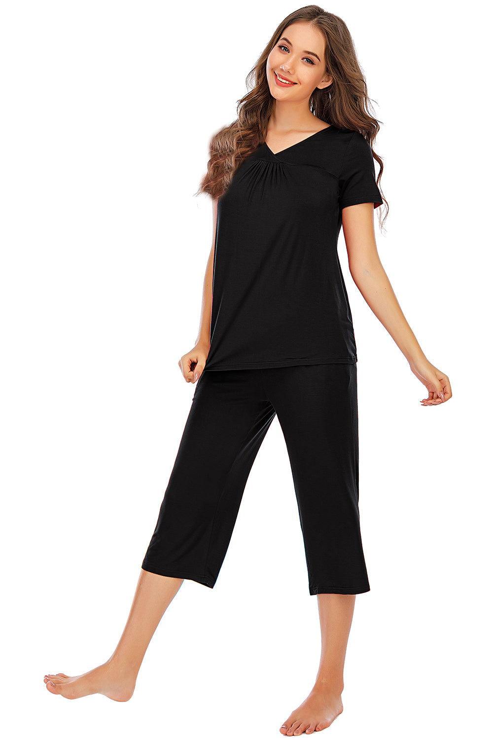 V-Neck Short Sleeve Top and Pants Lounge Set - Clothes For Her Online Store